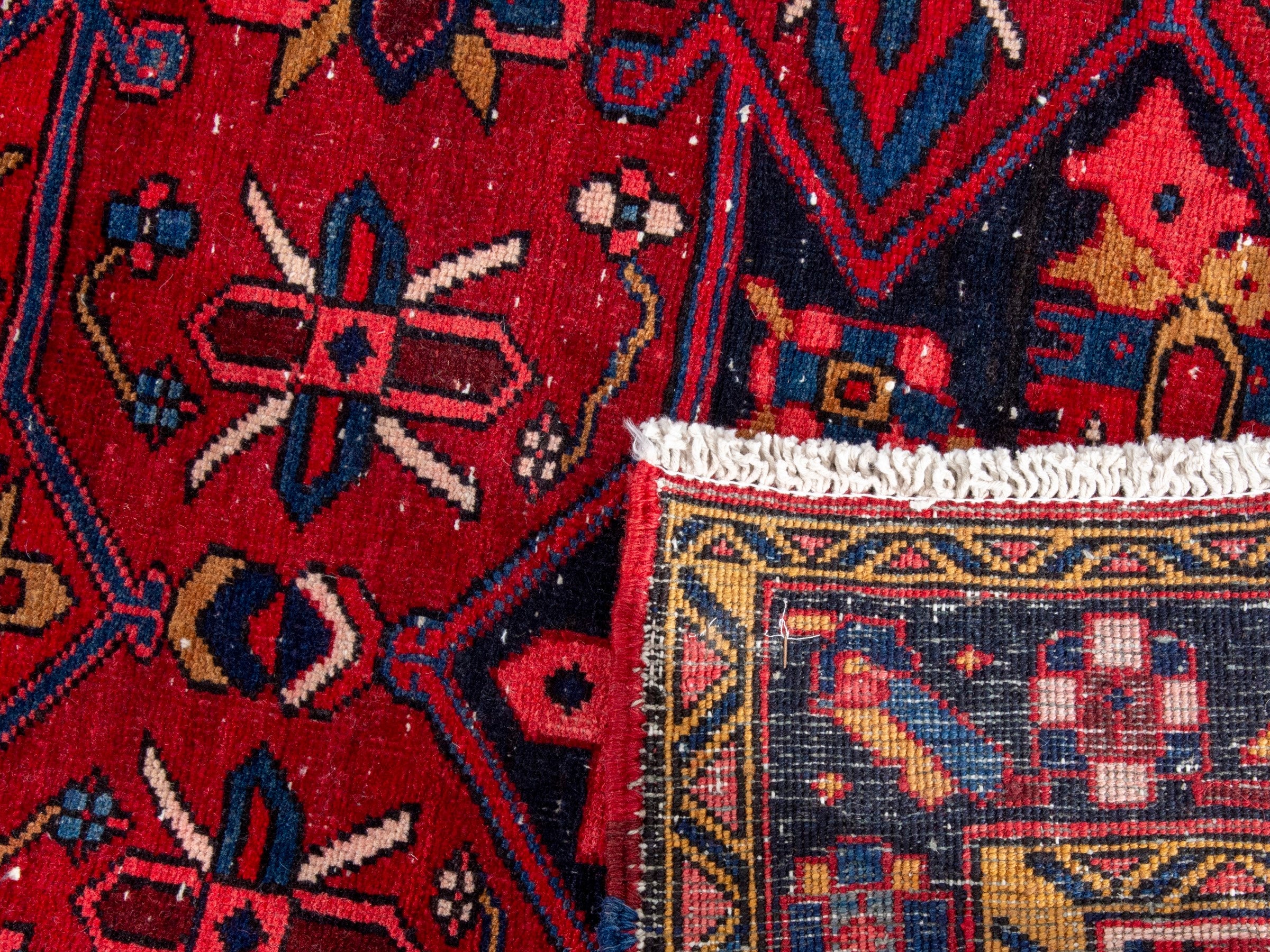 Persian Gorevan runner rug in deep red and navy, view 21 of 21