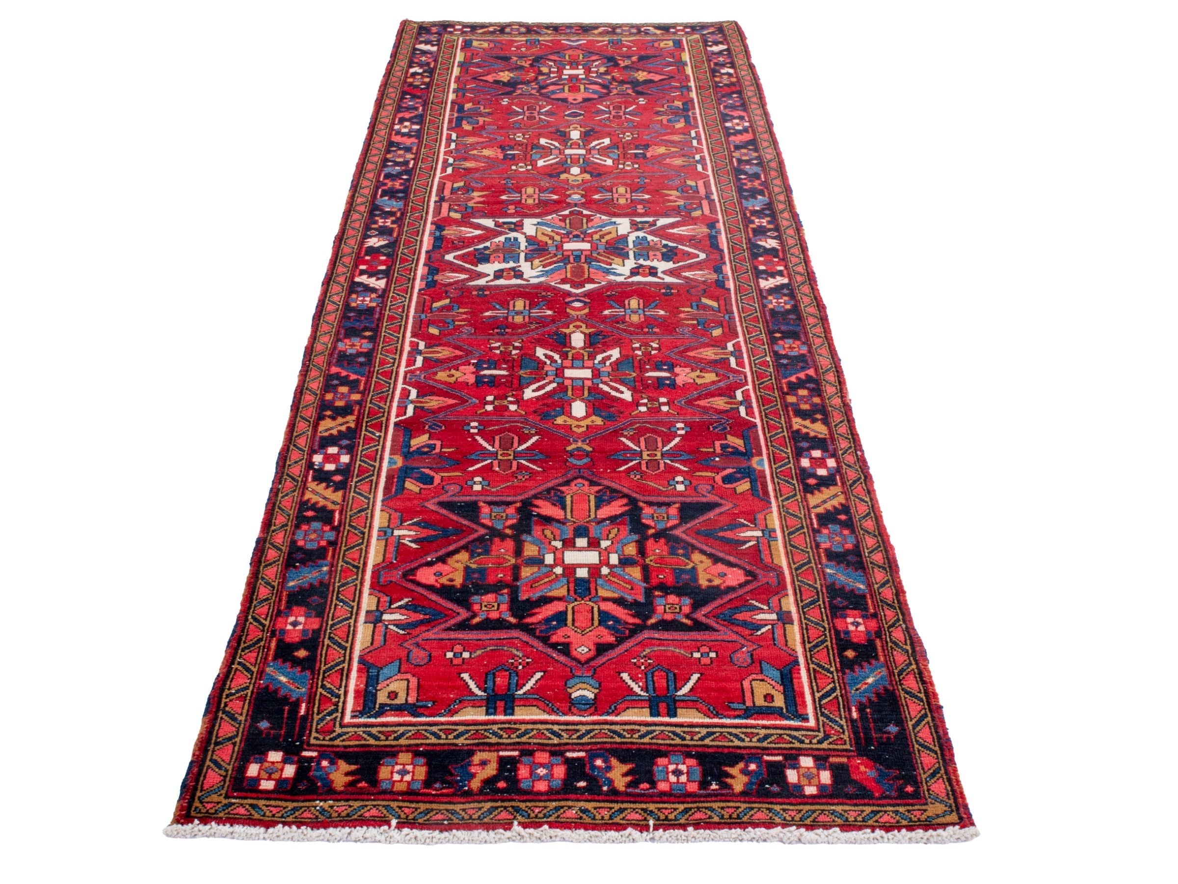 Persian Gorevan runner rug in deep red and navy, view 3 of 21