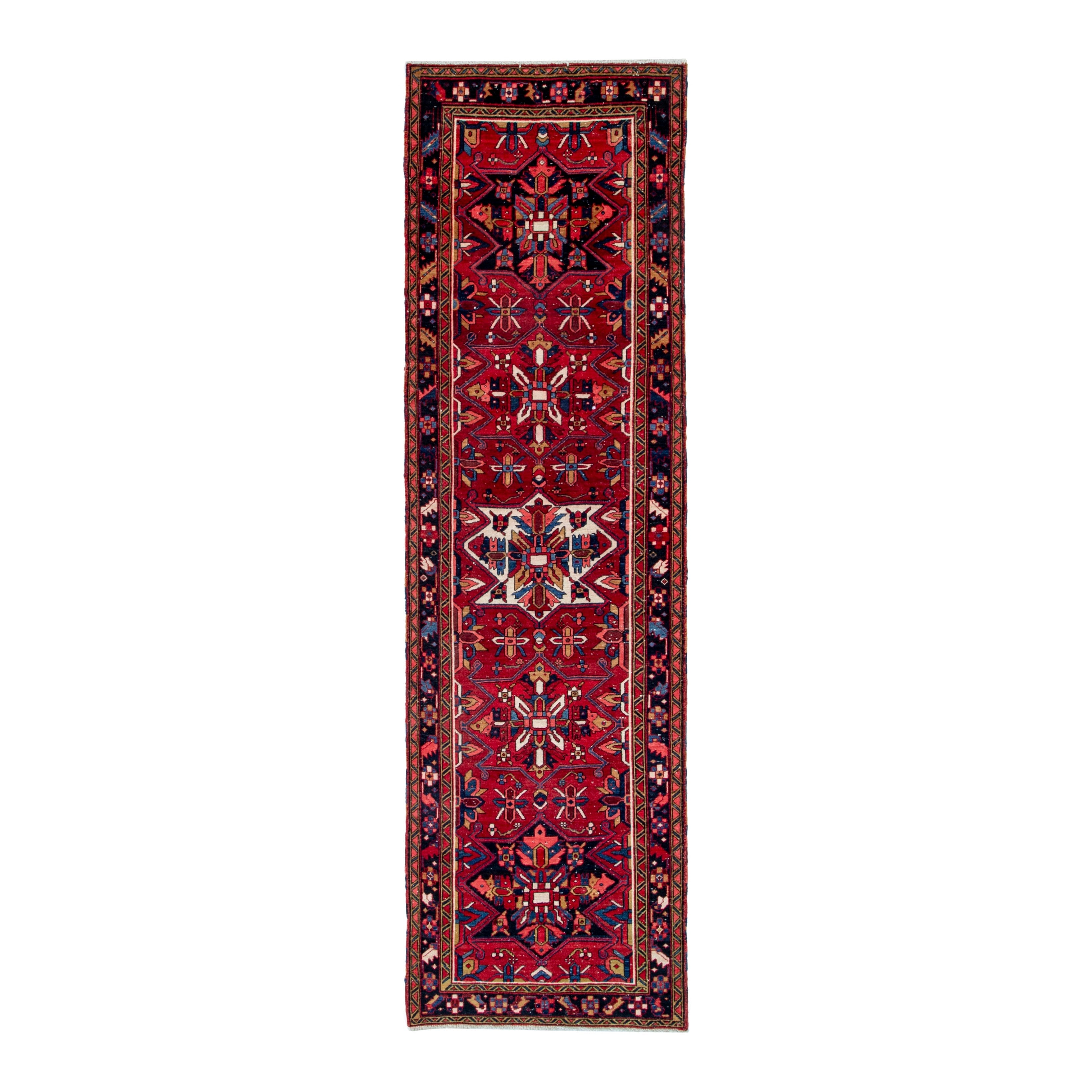Persian Gorevan runner rug in deep red and navy, 3'3" x 11'