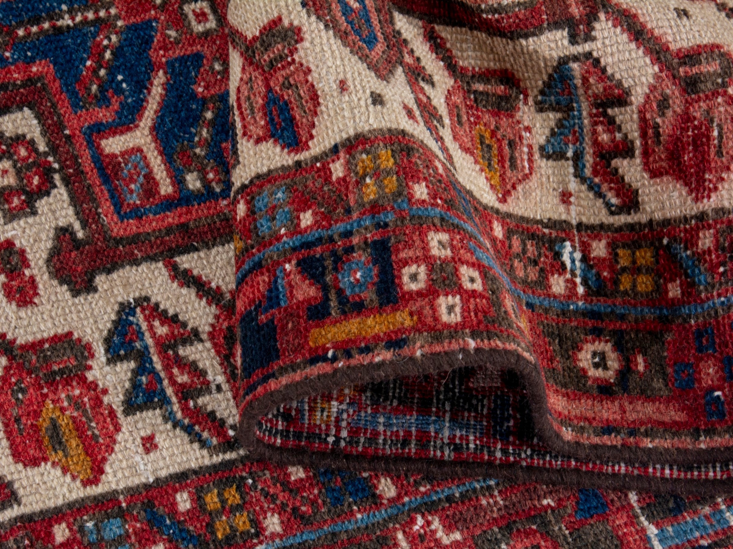 Persian Gharajeh runner rug in cream and burgundy, view 14 of 17