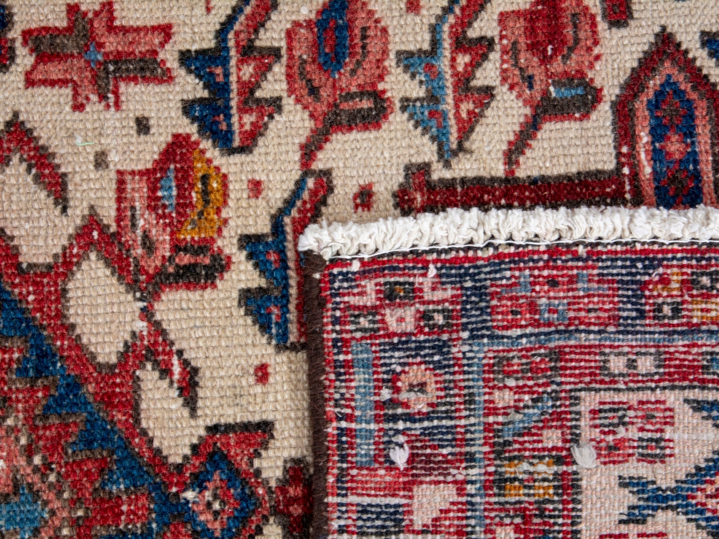 Persian Gharajeh runner rug in cream and burgundy, view 17 of 17