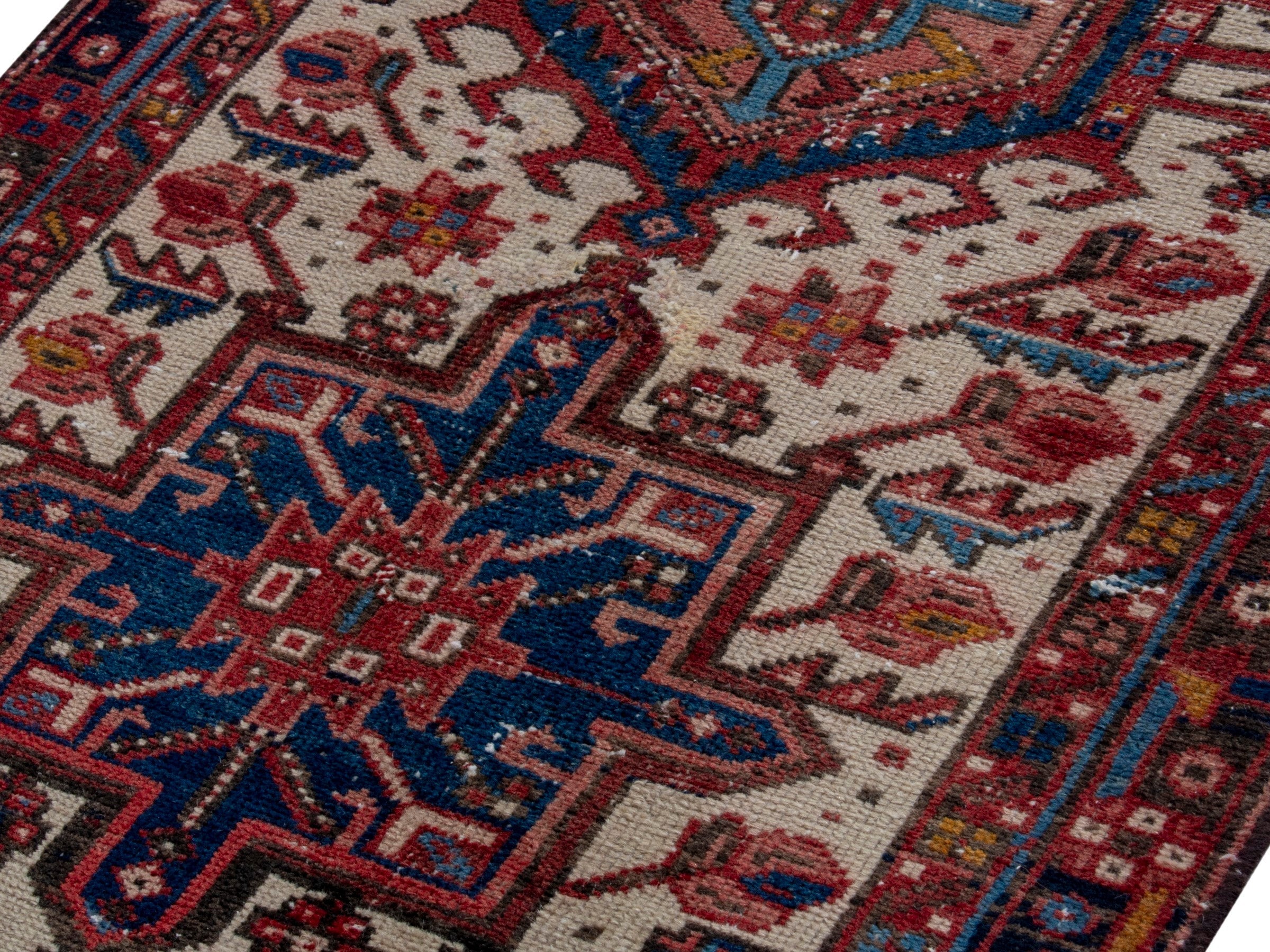 Persian Gharajeh runner rug in cream and burgundy, view 4 of 17