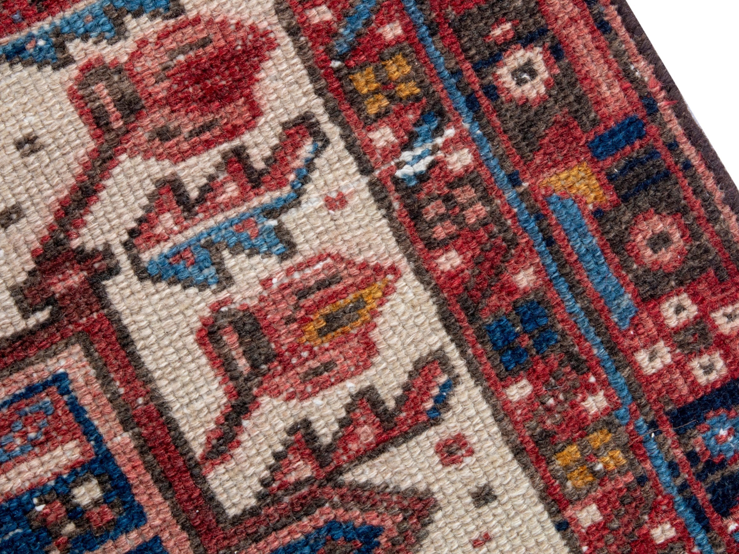 Persian Gharajeh runner rug in cream and burgundy, view 9 of 17