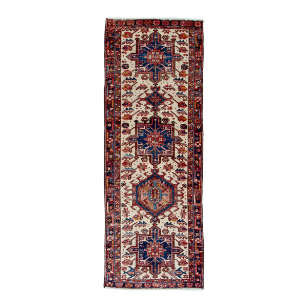 Persian Gharajeh runner rug in cream and burgundy, 2'8" x 7'5"