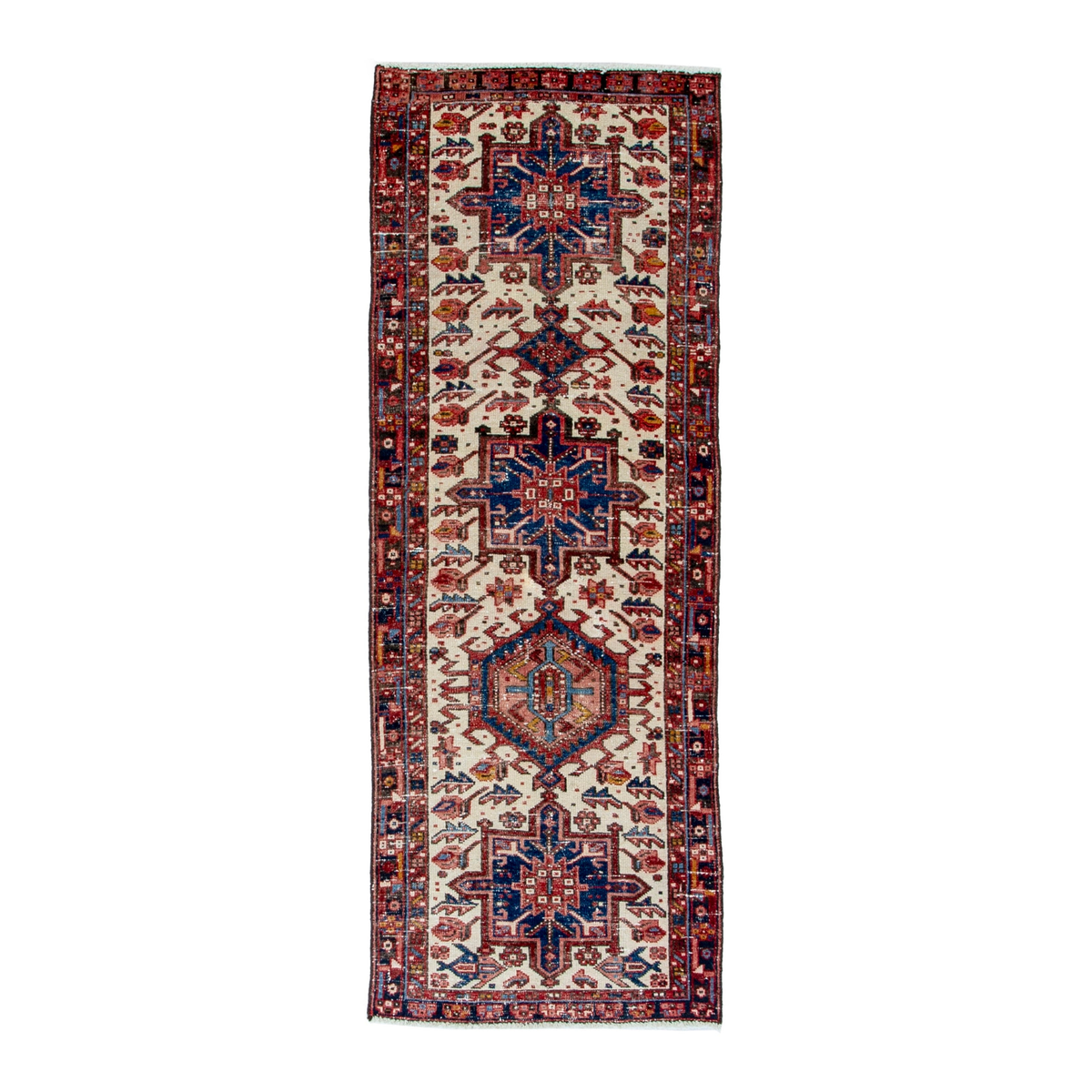 Persian Gharajeh runner rug in cream and burgundy, 2'8" x 7'5"