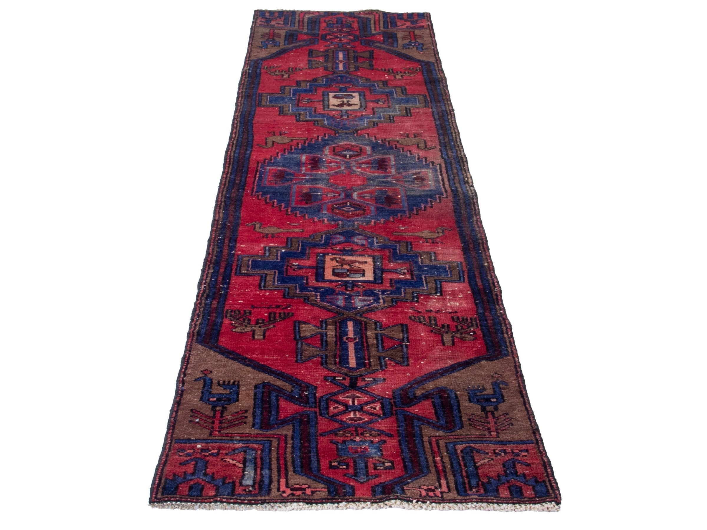 Persian Zanjan runner rug in deep red and dark blue, view 2 of 19