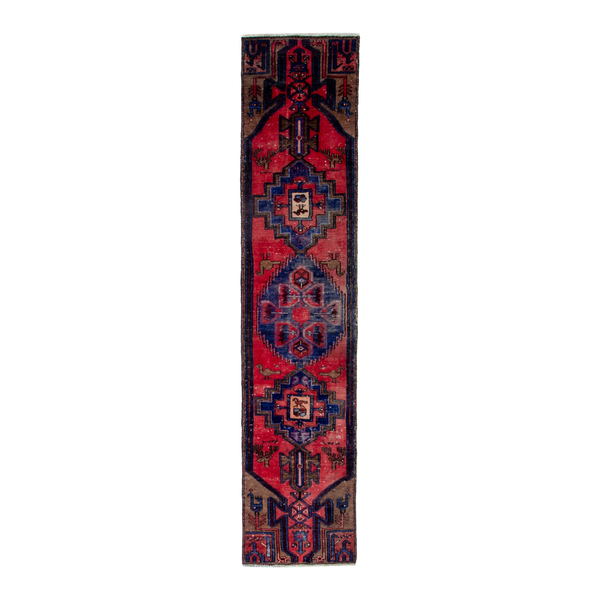 Persian Zanjan runner rug in deep red and dark blue, 1'10" x 8'10"