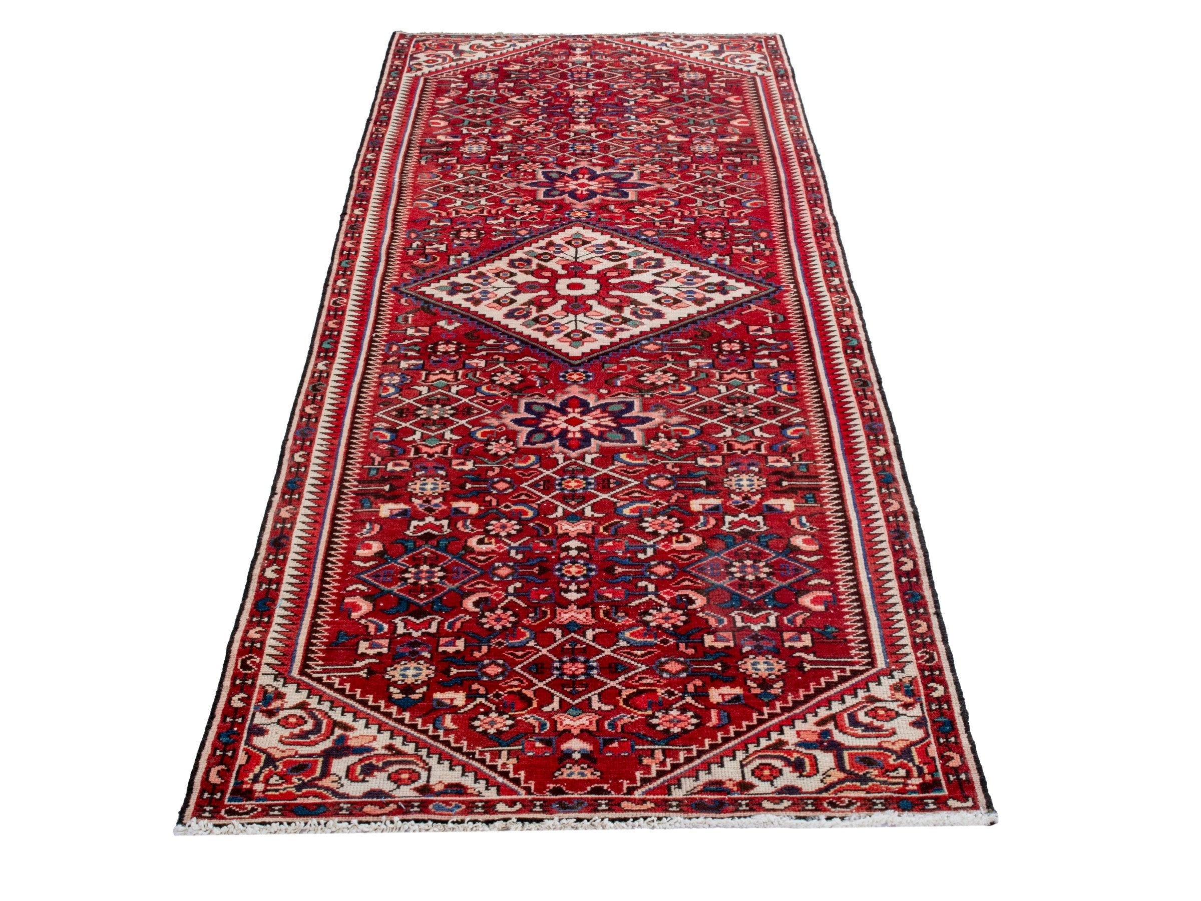 Persian Hamedan runner rug in burgundy and cream, view 2 of 18