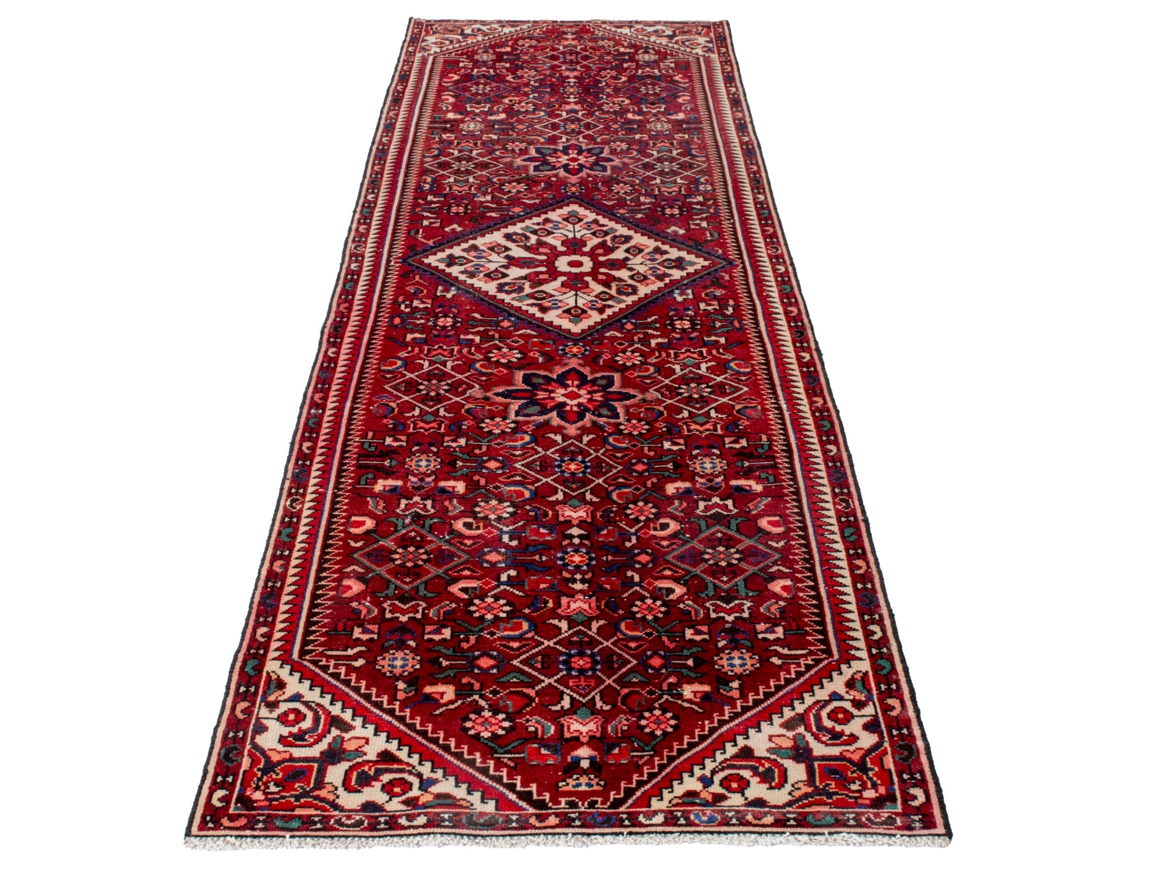 Persian Hamedan runner rug in burgundy and cream, view 3 of 18