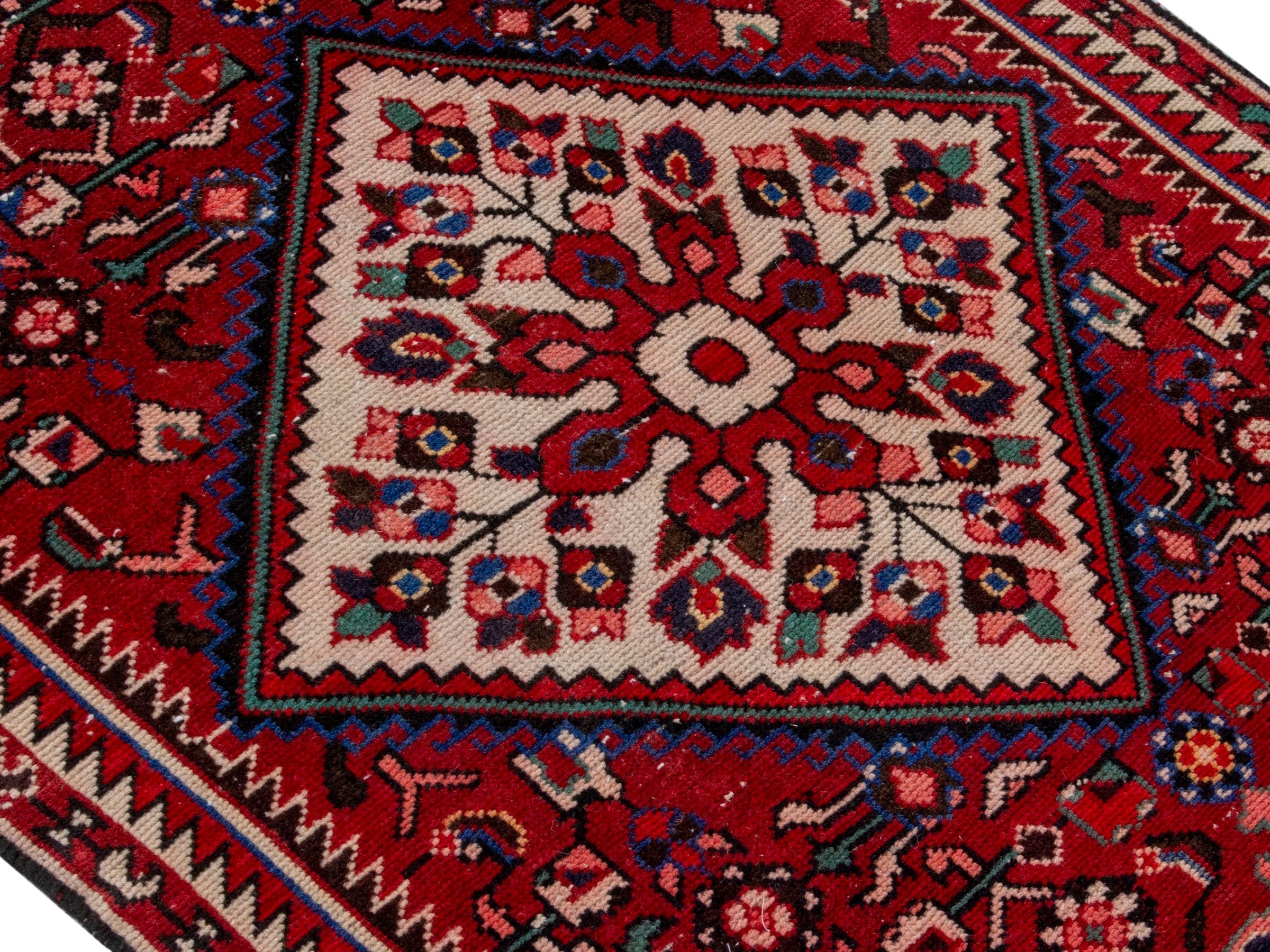 Persian Hamedan runner rug in burgundy and cream, view 4 of 18