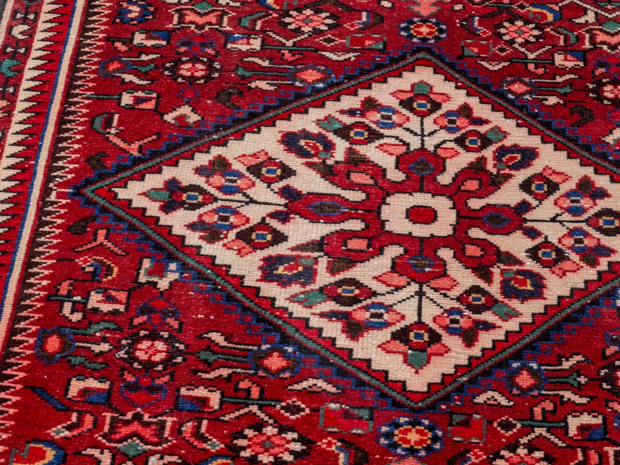 Persian Hamedan runner rug in burgundy and cream, view 9 of 18