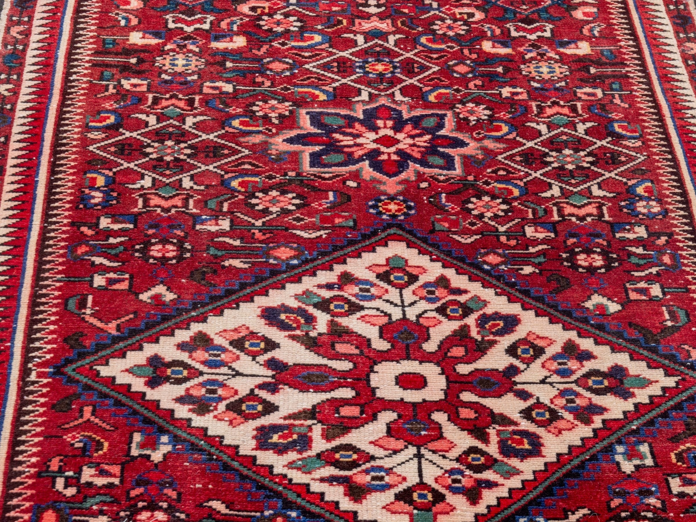 Persian Hamedan runner rug in burgundy and cream, view 7 of 18