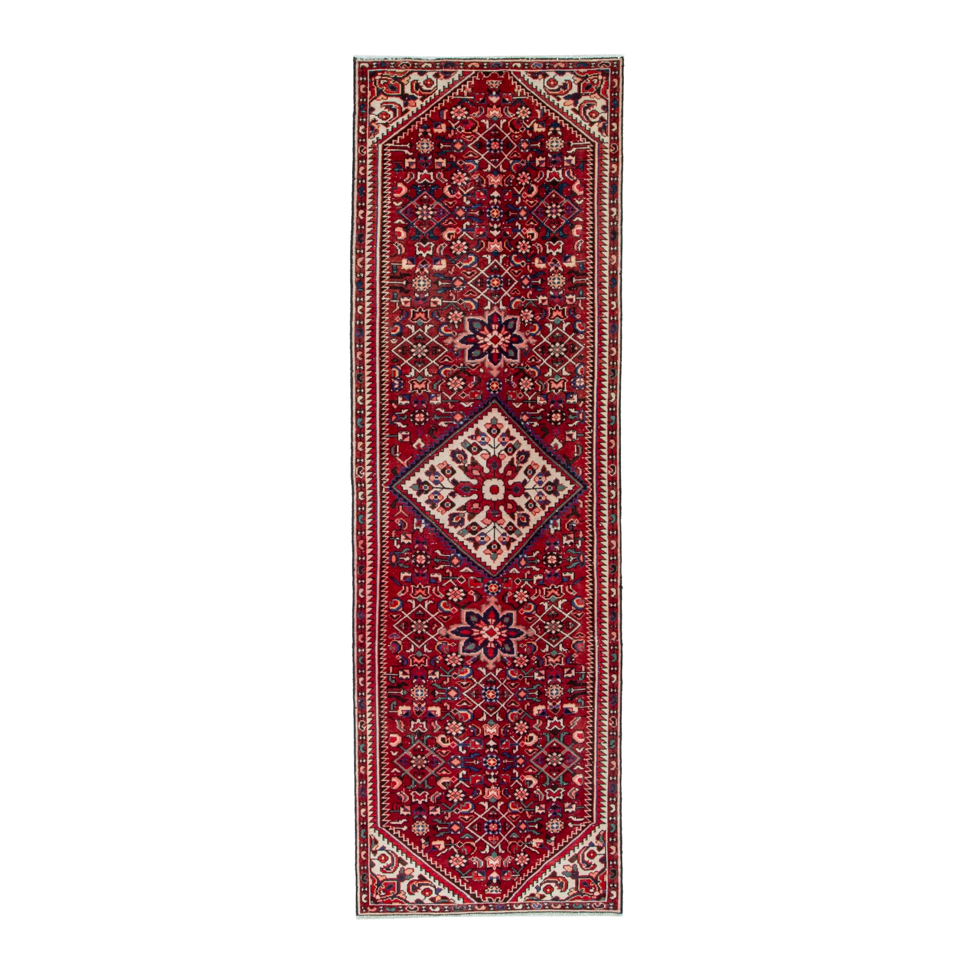 Persian Hamedan runner rug in burgundy and cream, 2'11" x 9'5"