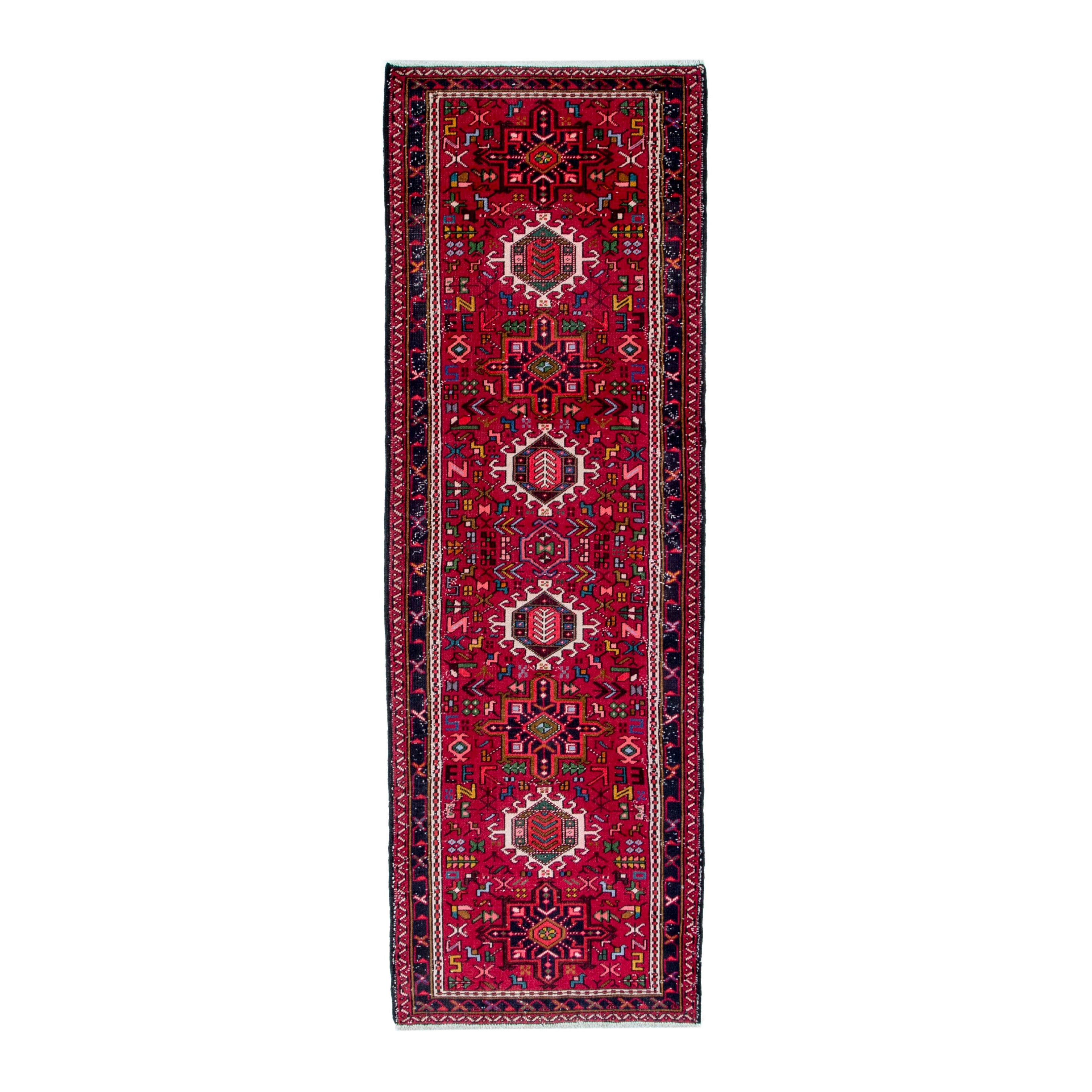 Persian Gharajeh runner rug in deep red and burgundy, 3'4" x 9'5"