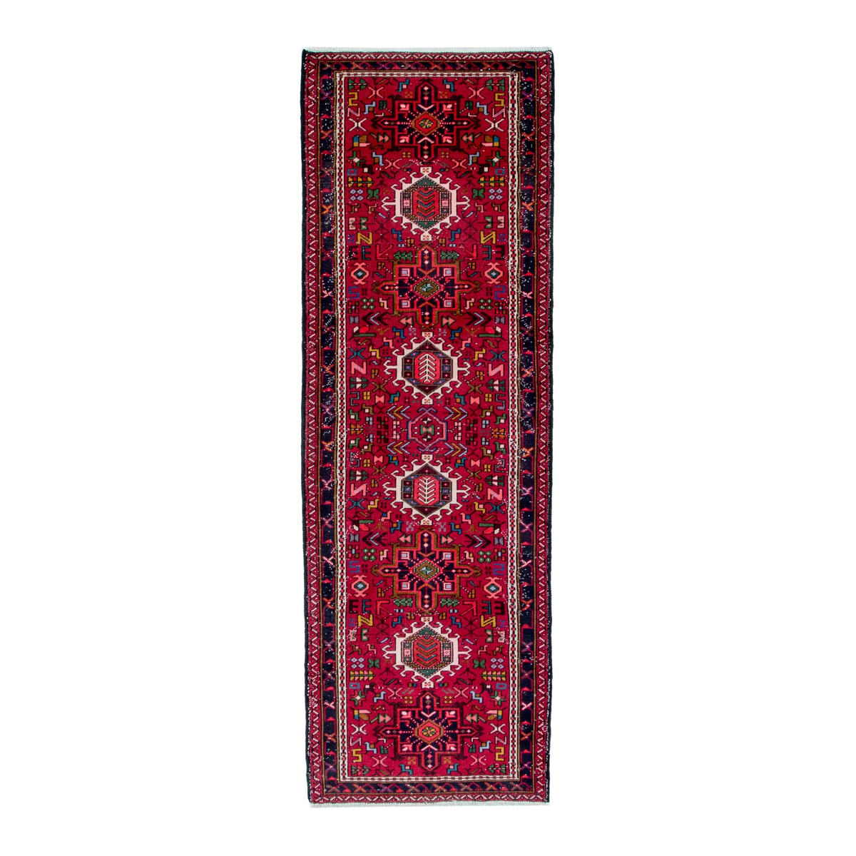 Persian Gharajeh runner rug in deep red and burgundy, 3'4" x 9'5"