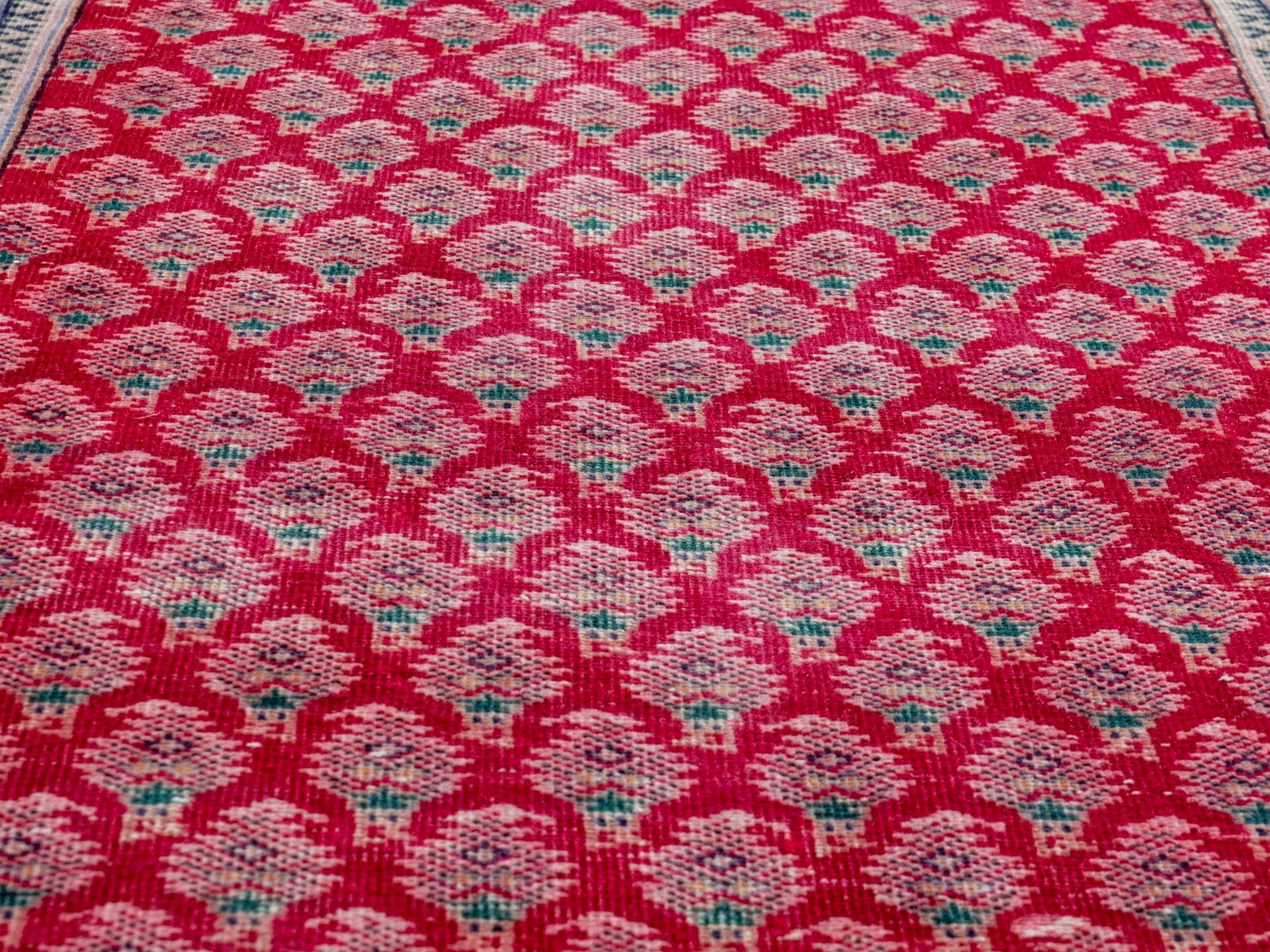 Persian Tabriz runner rug in deep red and dusty rose, view 7 of 16