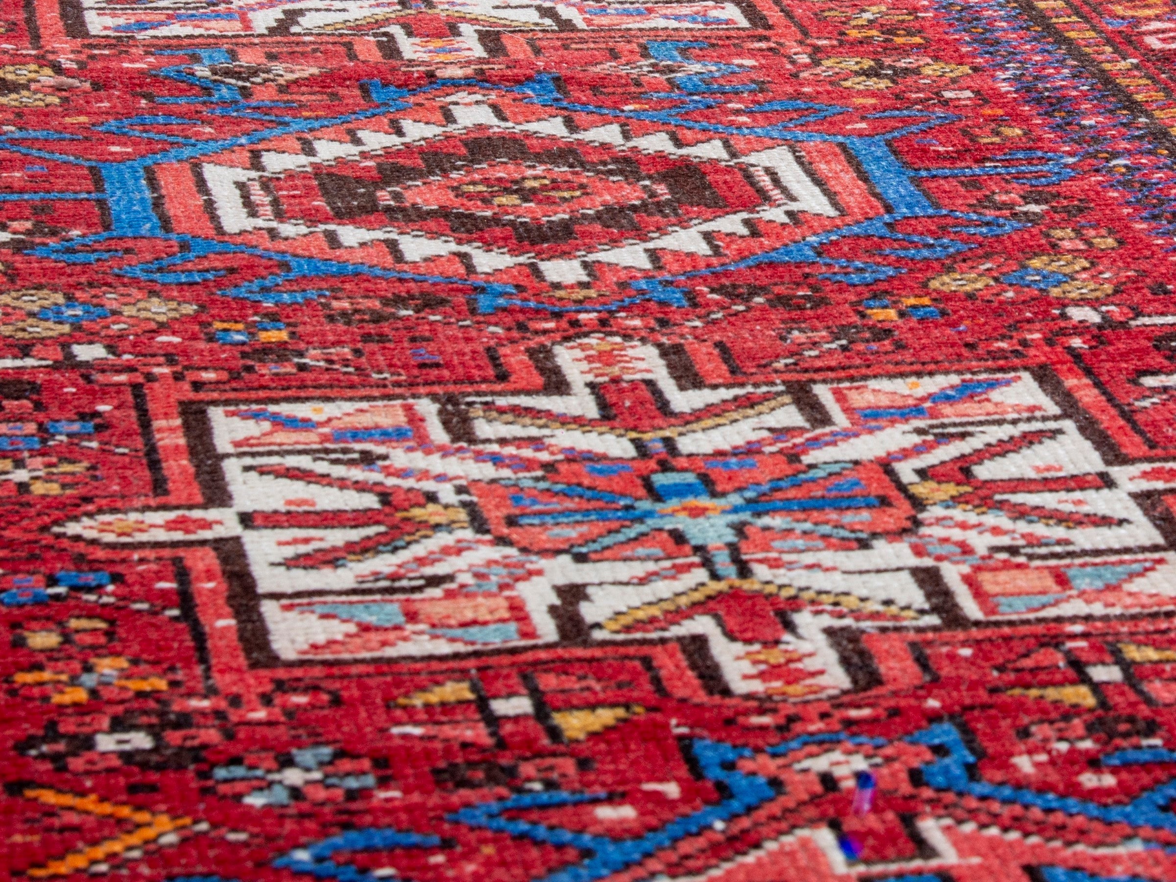 Persian Gharajeh runner rug in deep red and denim, view 8 of 18