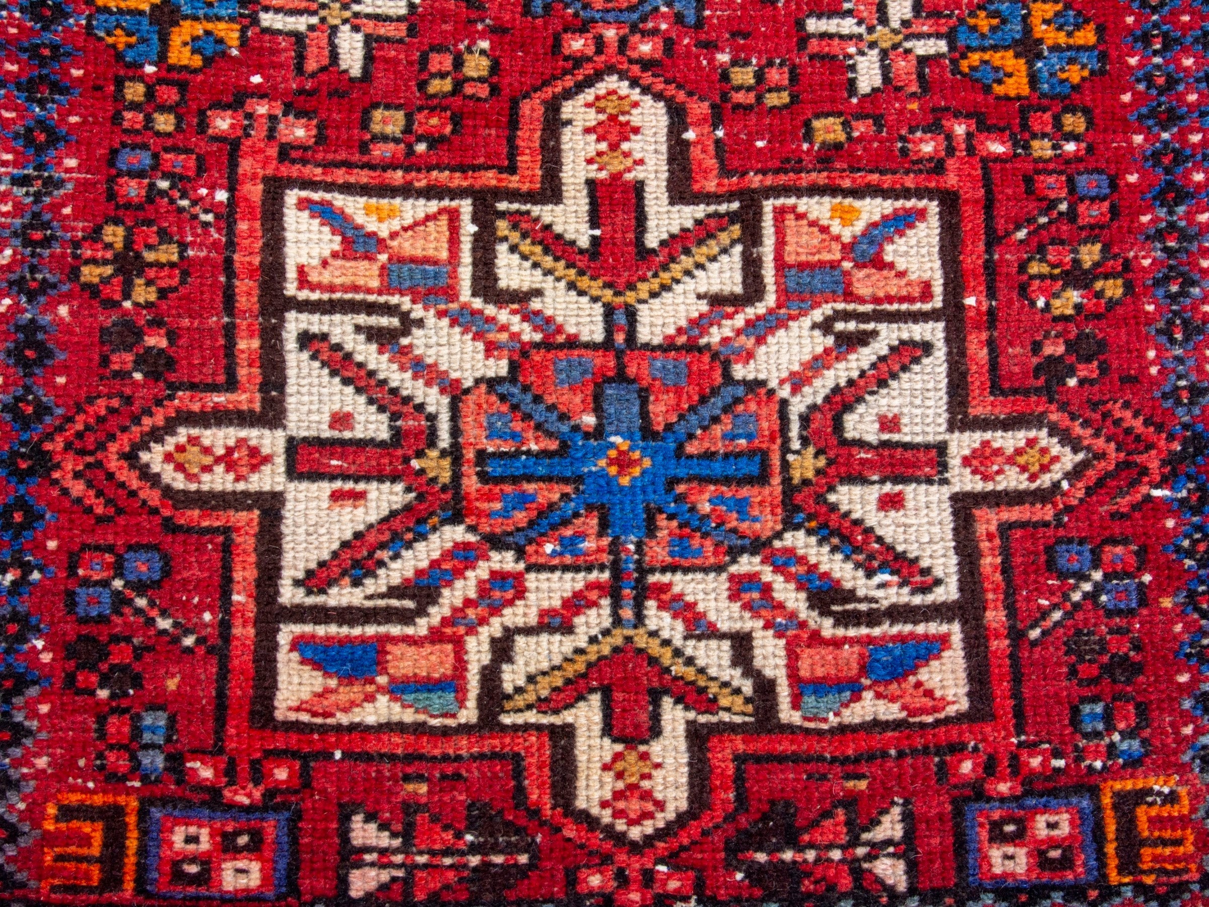 Persian Gharajeh runner rug in deep red and denim, view 11 of 18