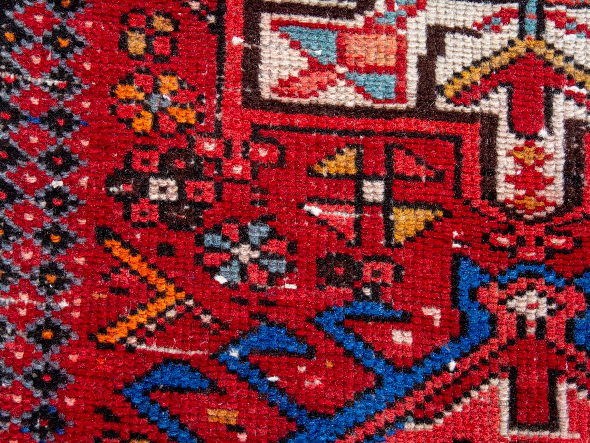 Persian Gharajeh runner rug in deep red and denim, view 12 of 18