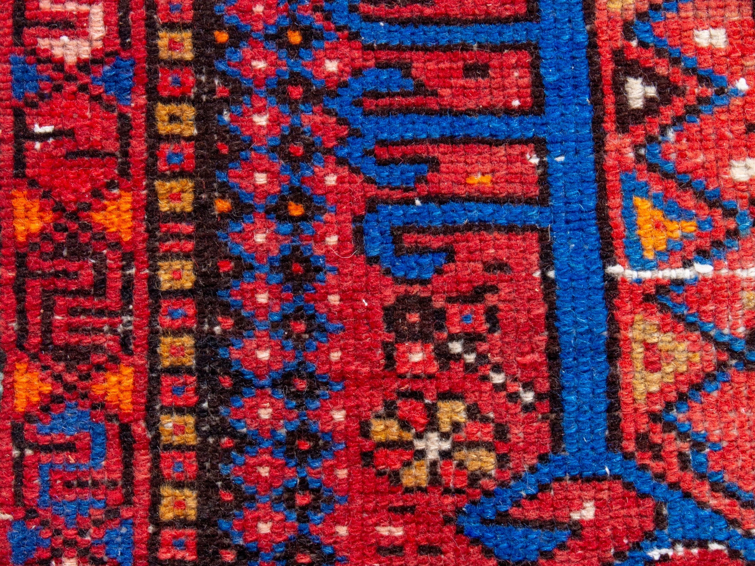 Persian Gharajeh runner rug in deep red and denim, view 13 of 18