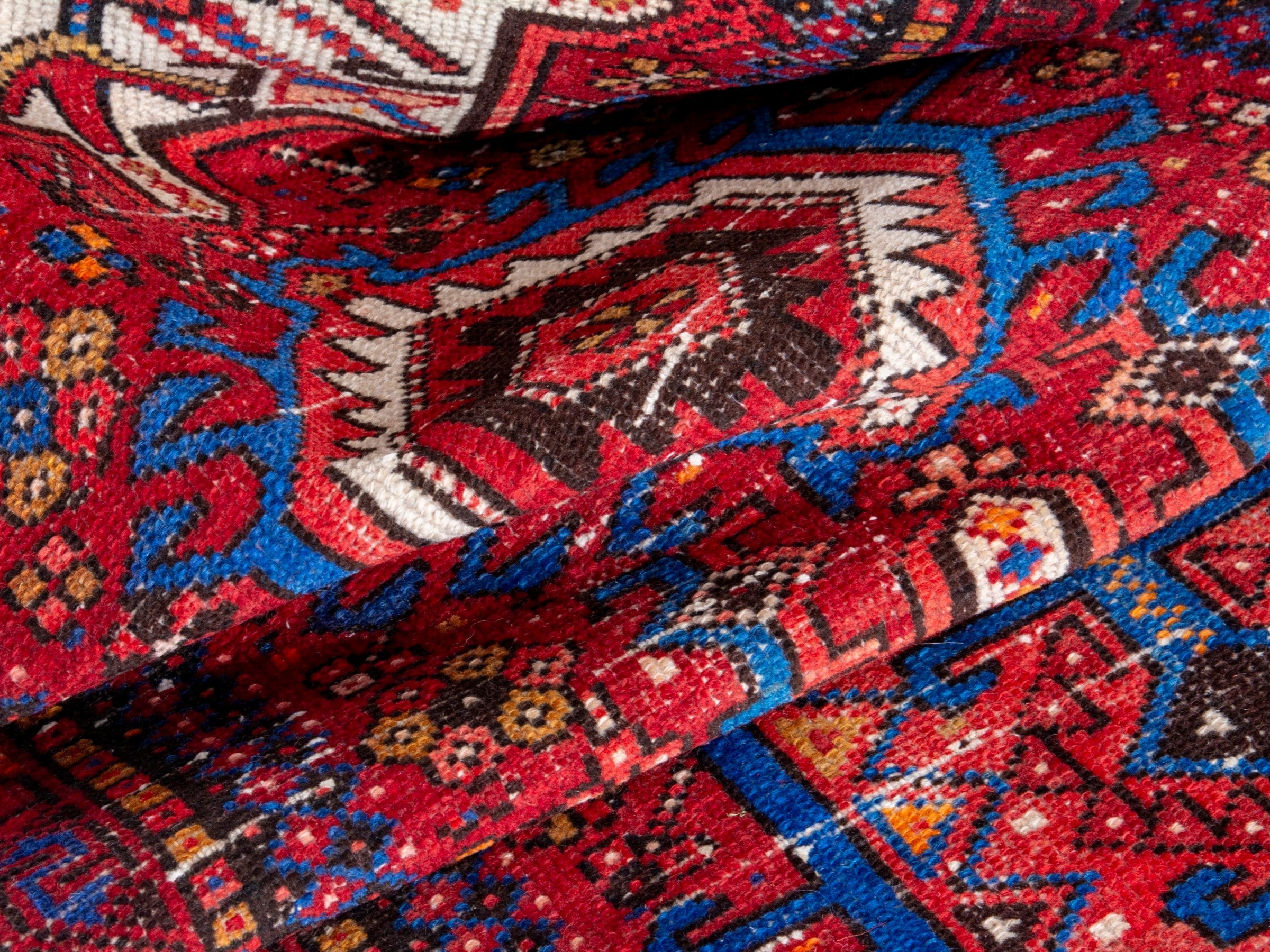 Persian Gharajeh runner rug in deep red and denim, view 14 of 18