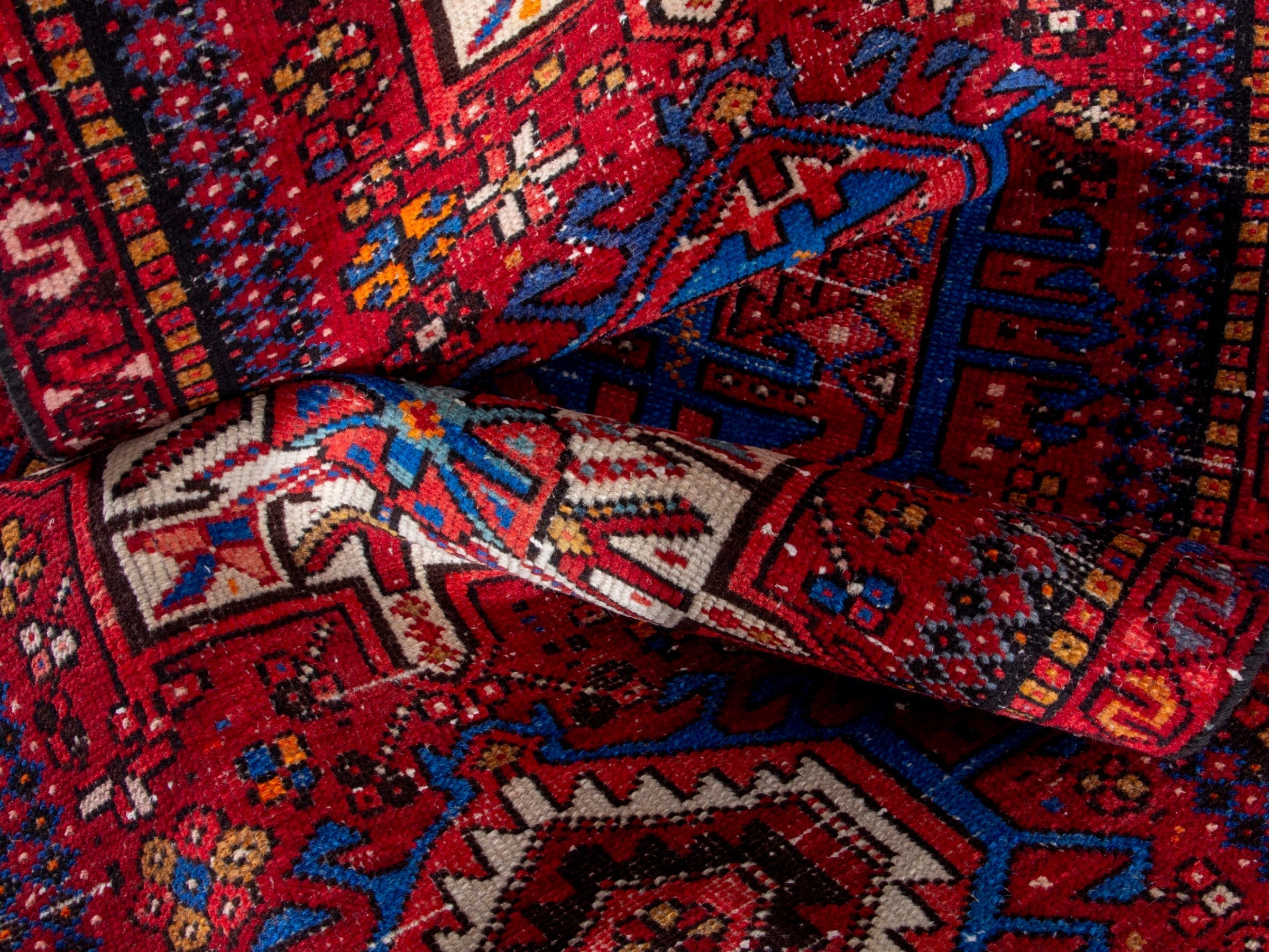 Persian Gharajeh runner rug in deep red and denim, view 15 of 18