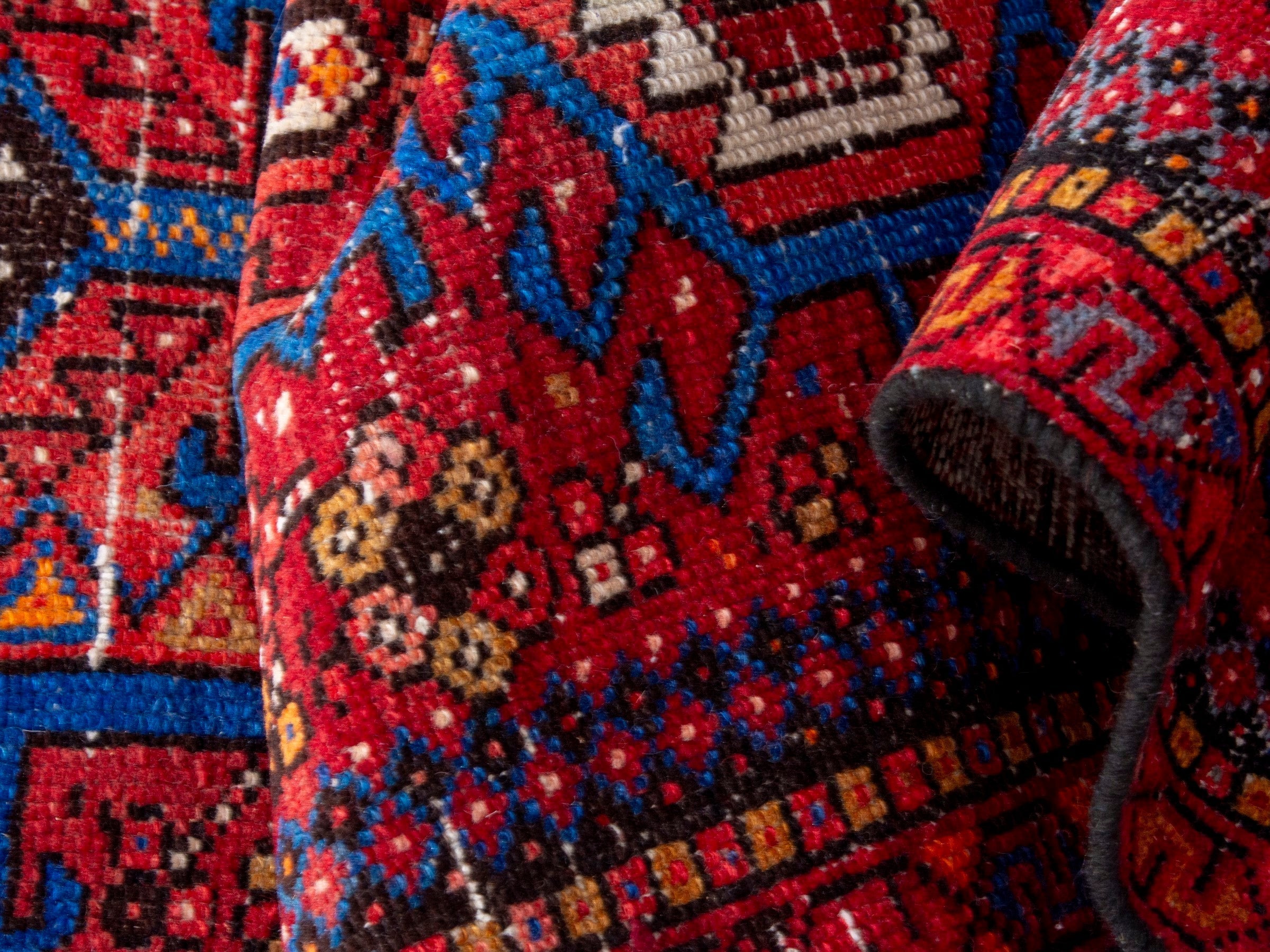 Persian Gharajeh runner rug in deep red and denim, view 16 of 18