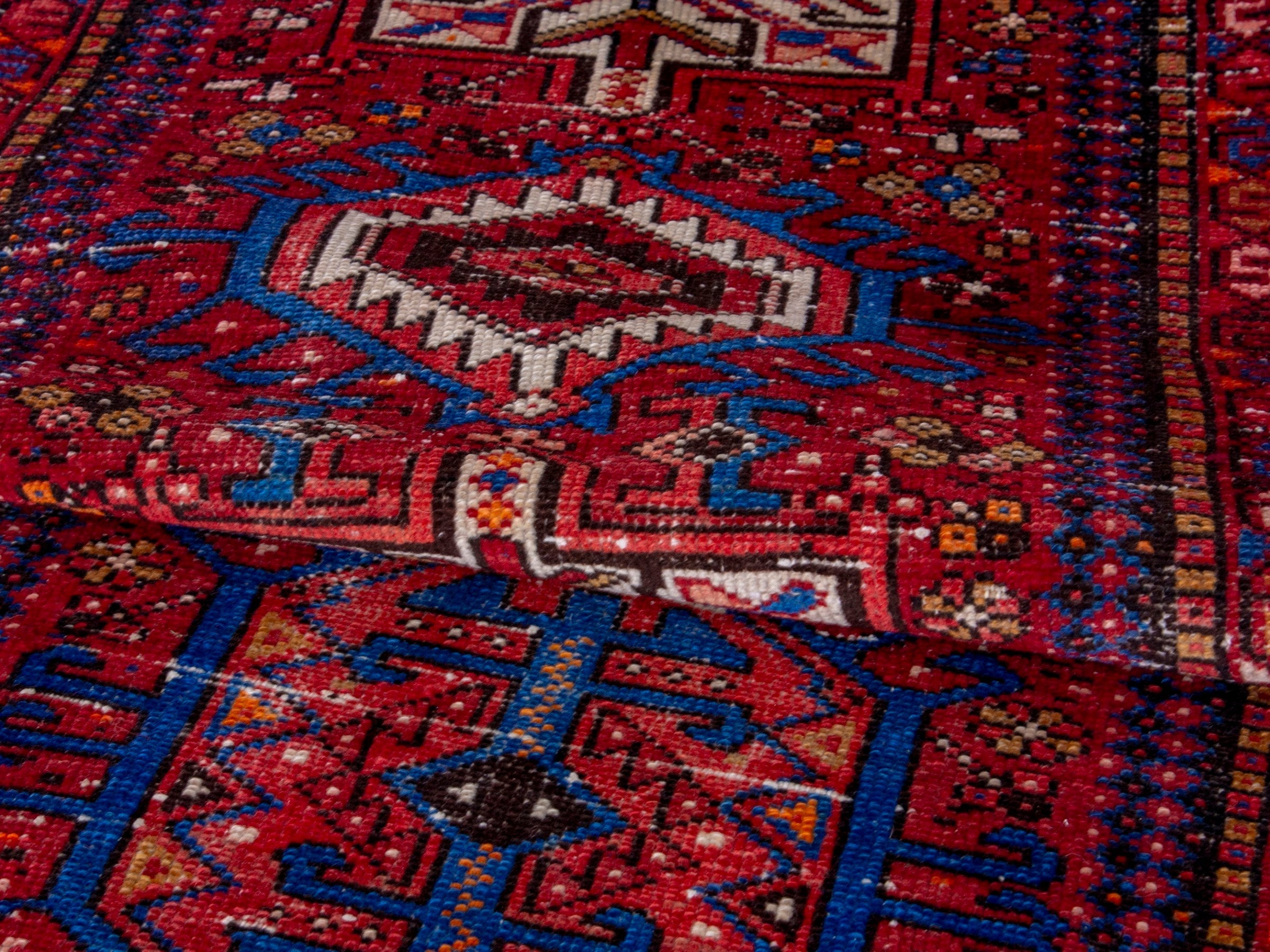 Persian Gharajeh runner rug in deep red and denim, view 17 of 18