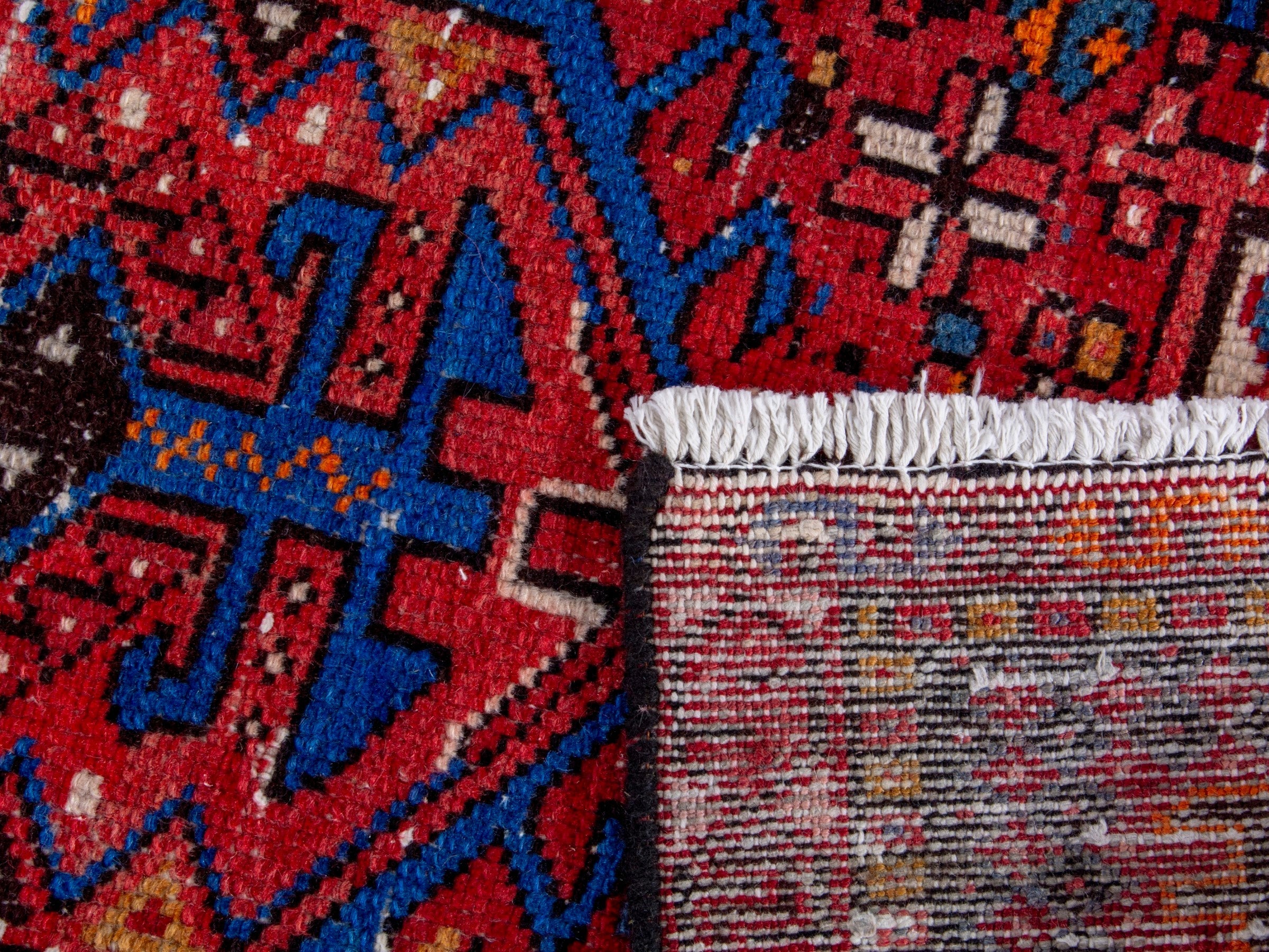 Persian Gharajeh runner rug in deep red and denim, view 18 of 18