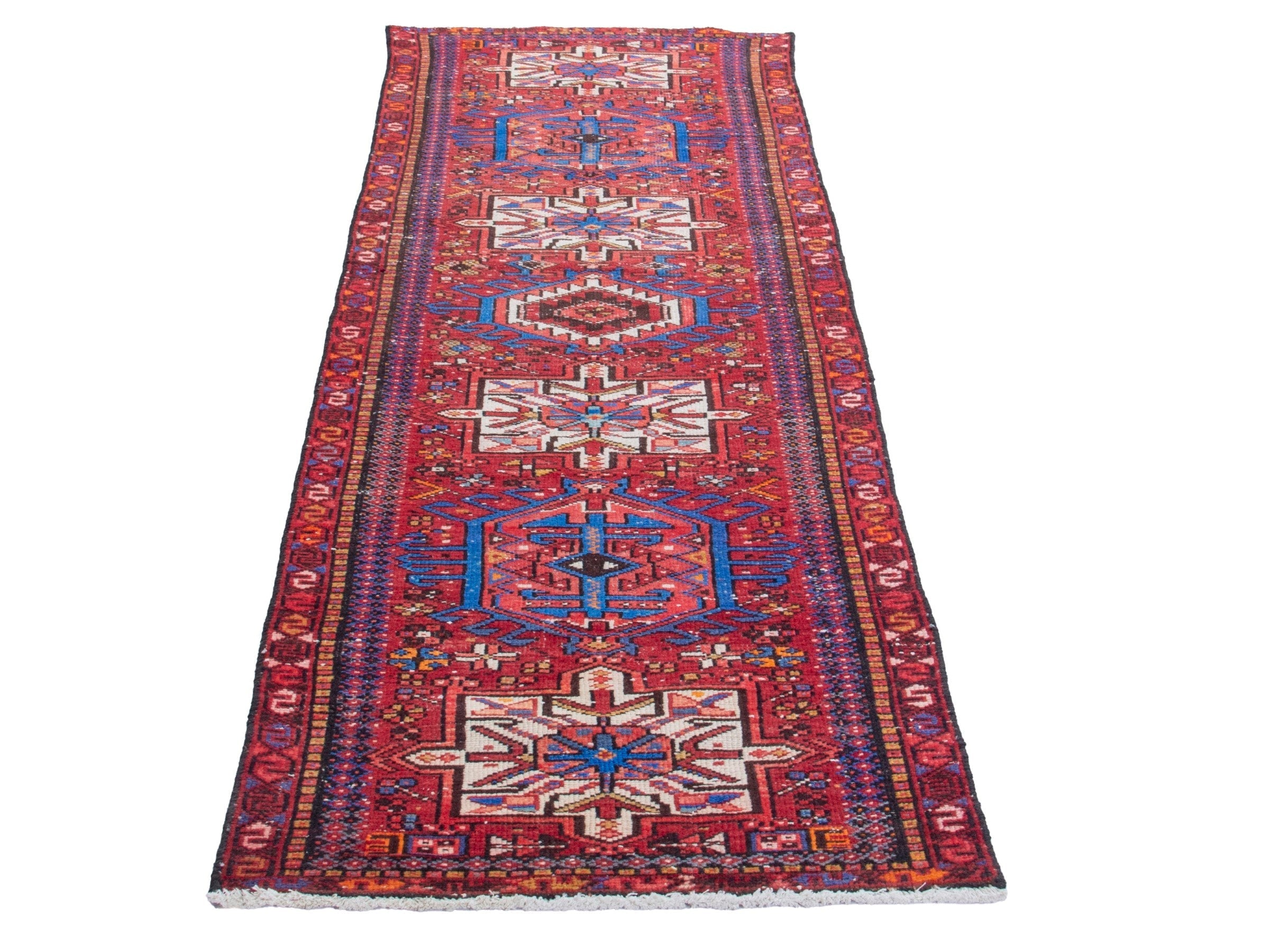 Persian Gharajeh runner rug in deep red and denim, view 3 of 18