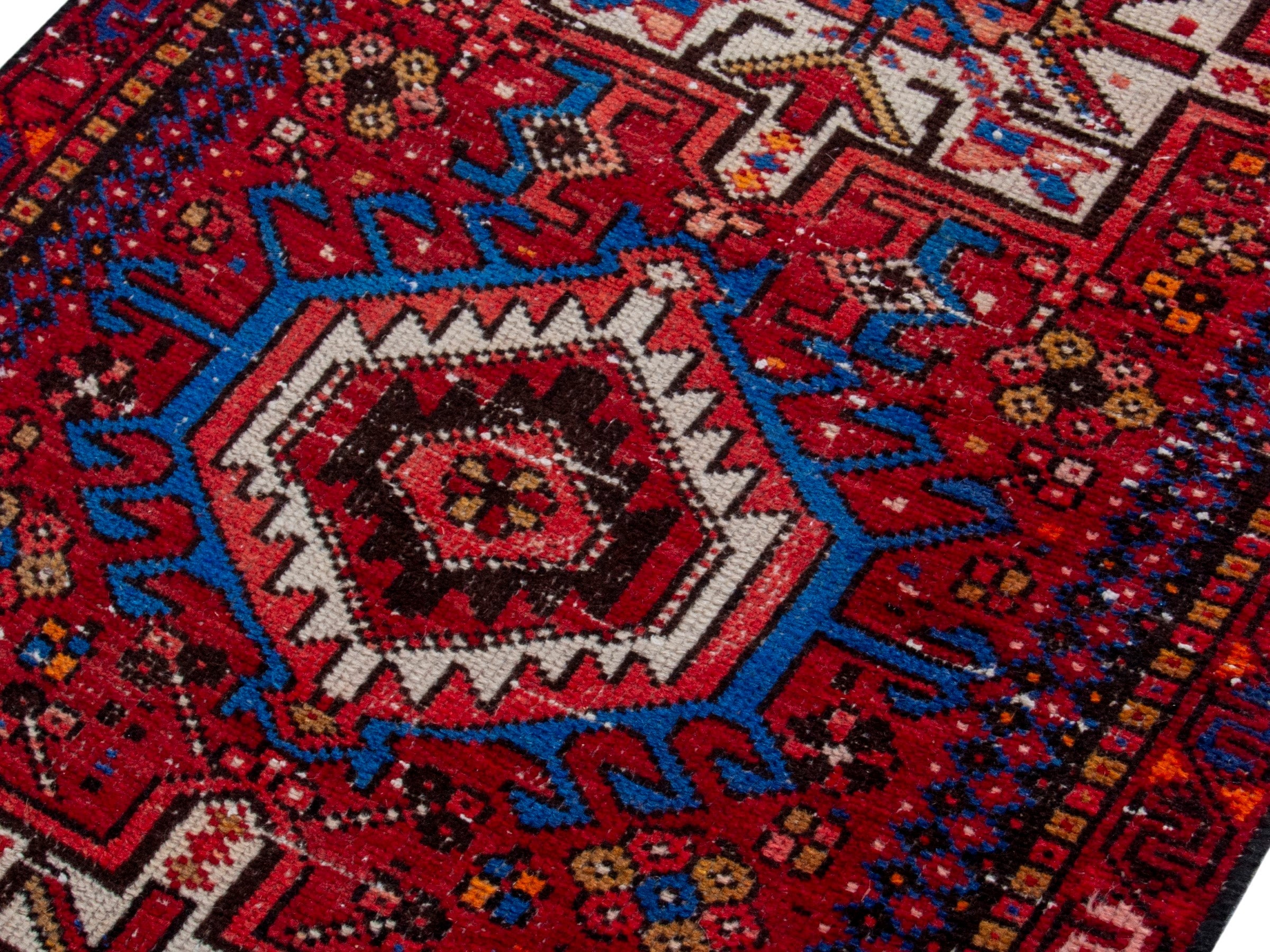 Persian Gharajeh runner rug in deep red and denim, view 4 of 18