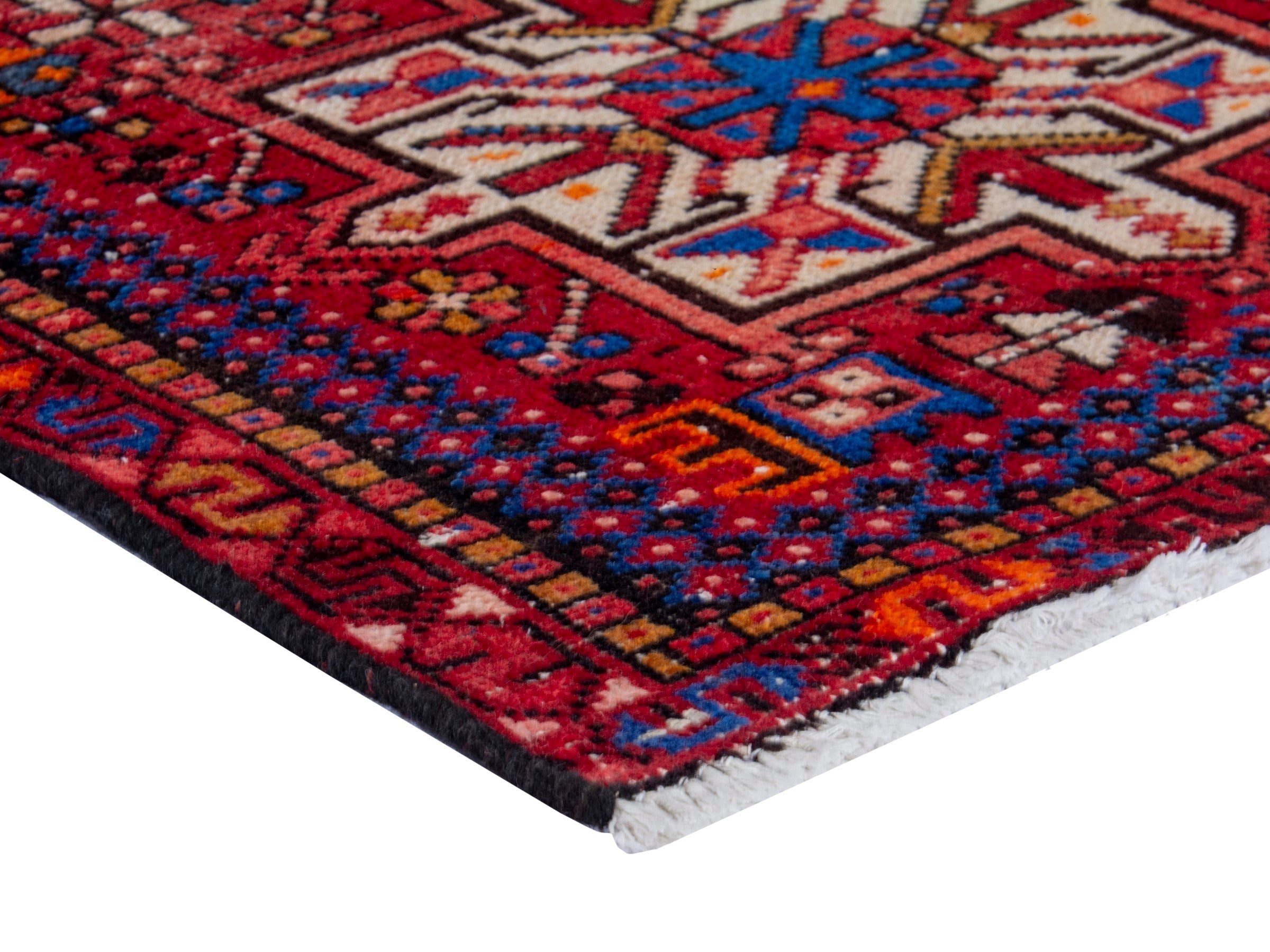 Persian Gharajeh runner rug in deep red and denim, view 5 of 18