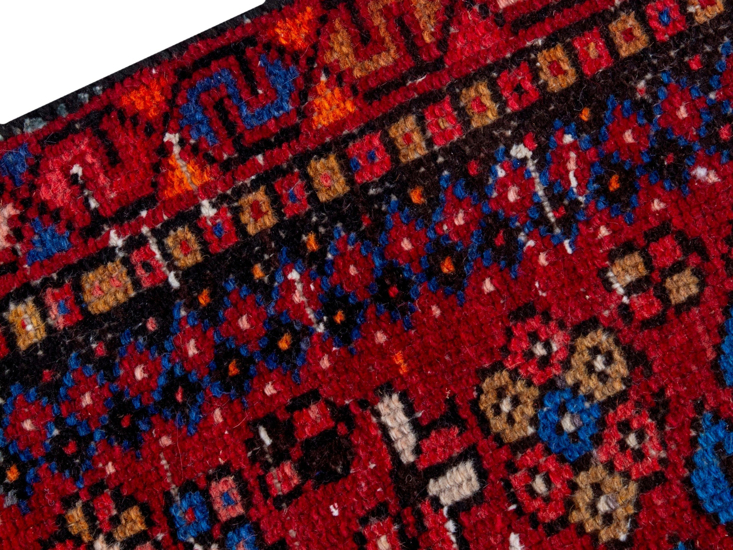 Persian Gharajeh runner rug in deep red and denim, view 9 of 18