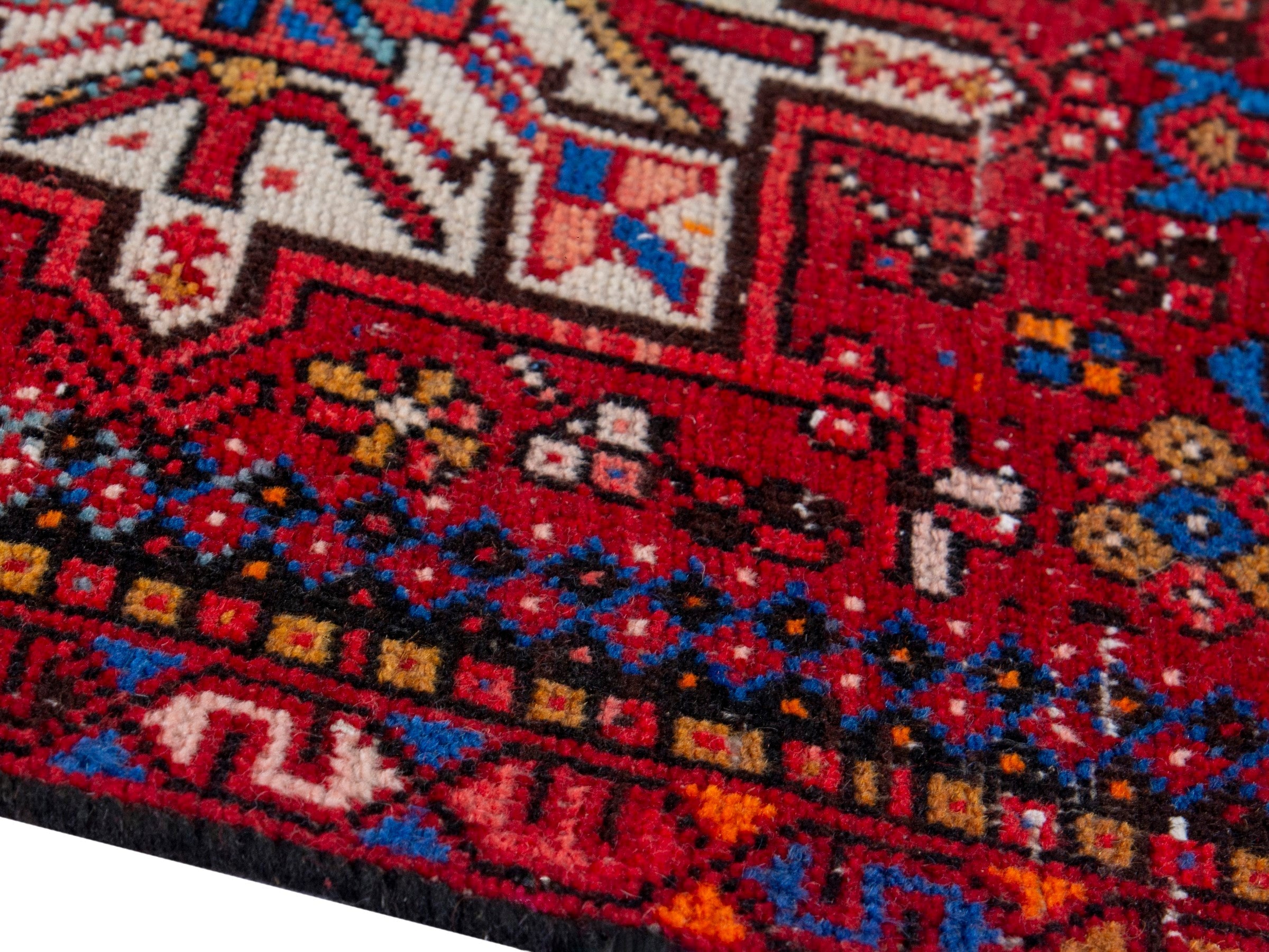 Persian Gharajeh runner rug in deep red and denim, view 6 of 18