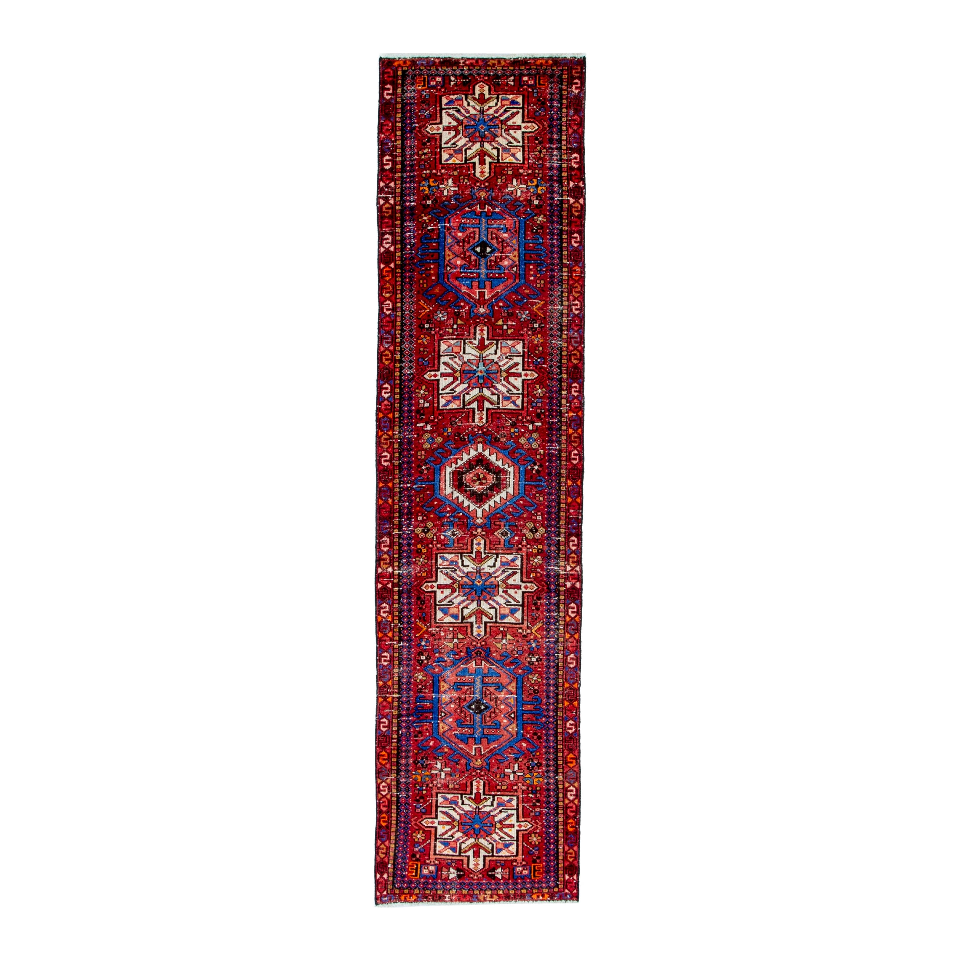 Persian Gharajeh runner rug in deep red and denim, 2'3" x 9'1"