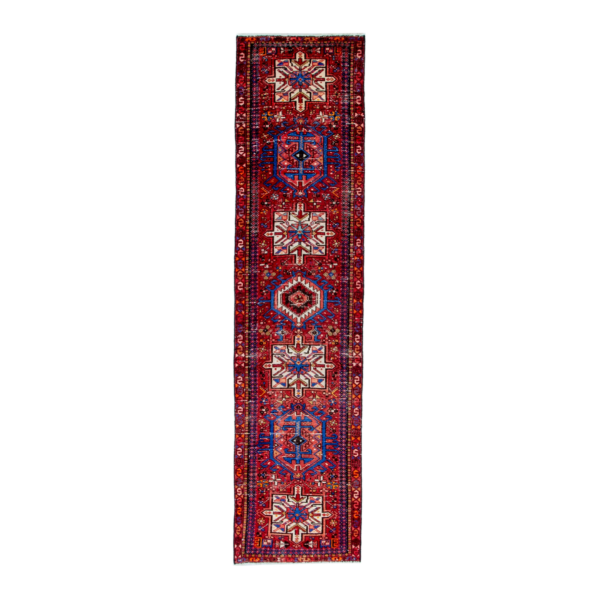 Persian Gharajeh runner rug in deep red and denim, 2'3" x 9'1"