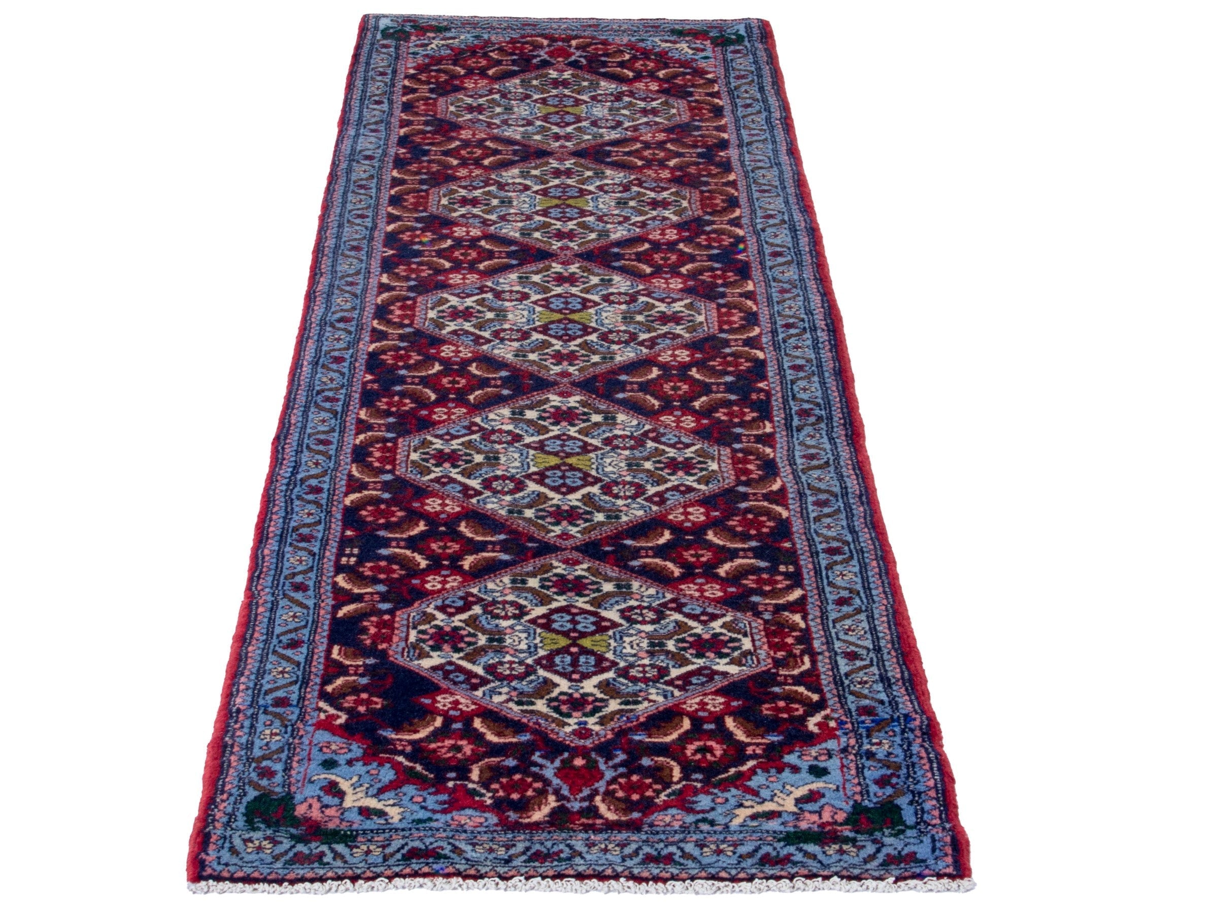 Persian Sanandaj runner rug in burgundy and cream, view 2 of 20