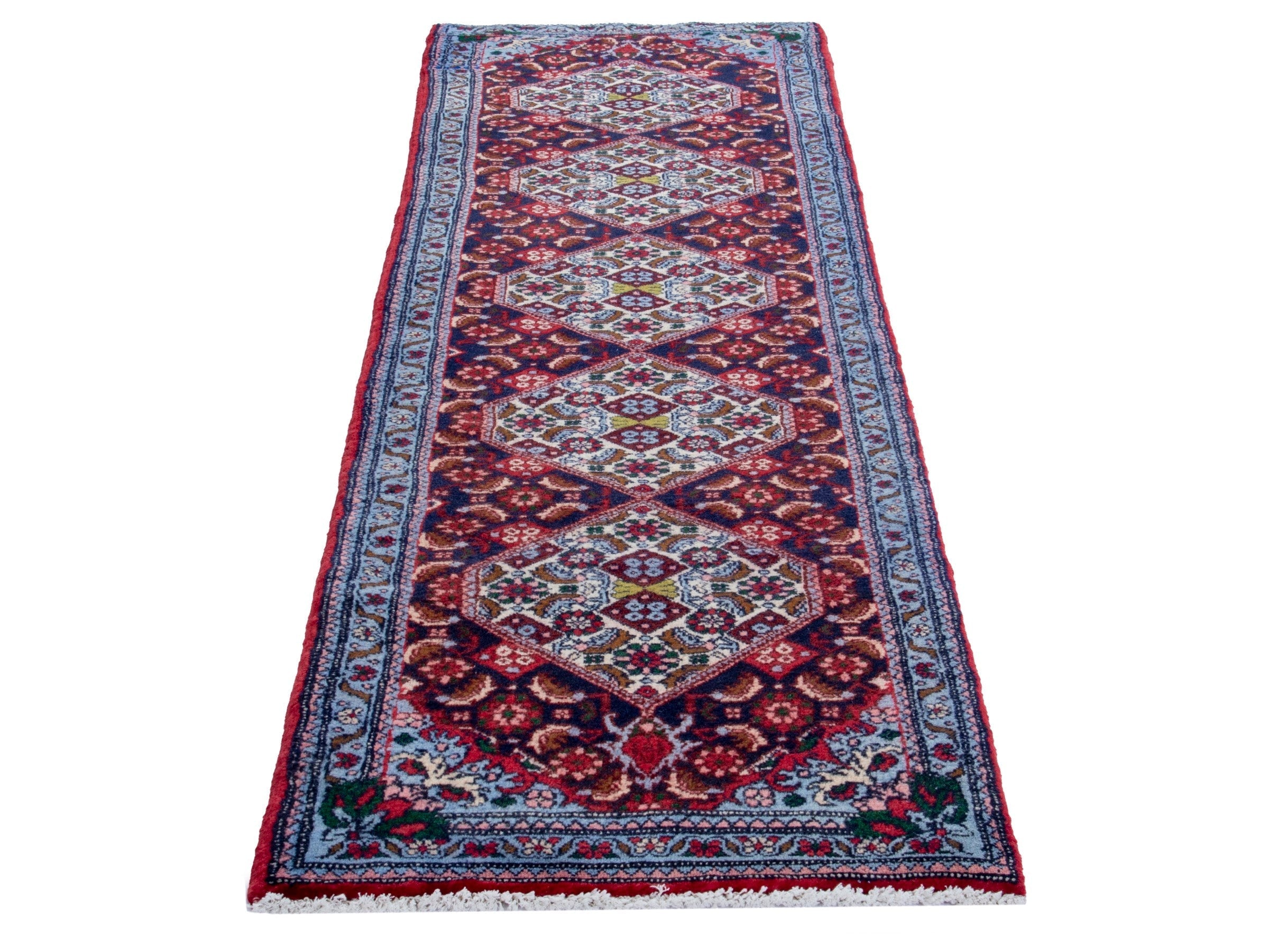 Persian Sanandaj runner rug in burgundy and cream, view 3 of 20