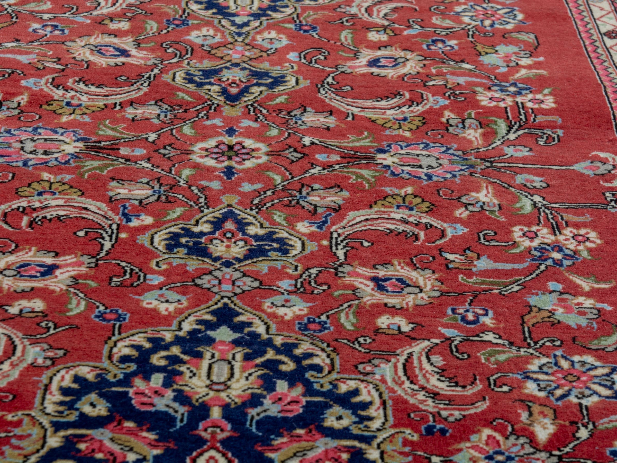 Persian Qom runner rug in deep red and navy, view 8 of 17