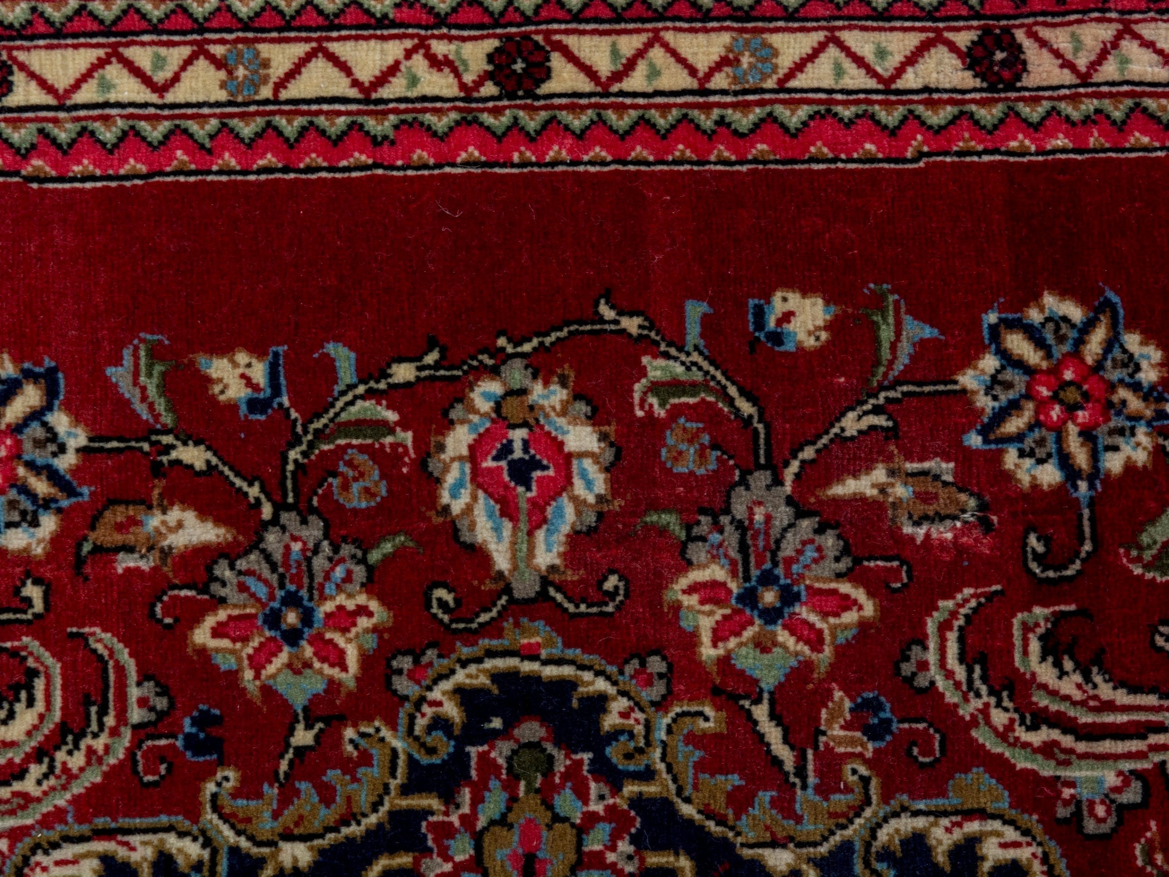 Persian Qom runner rug in deep red and navy, view 13 of 17