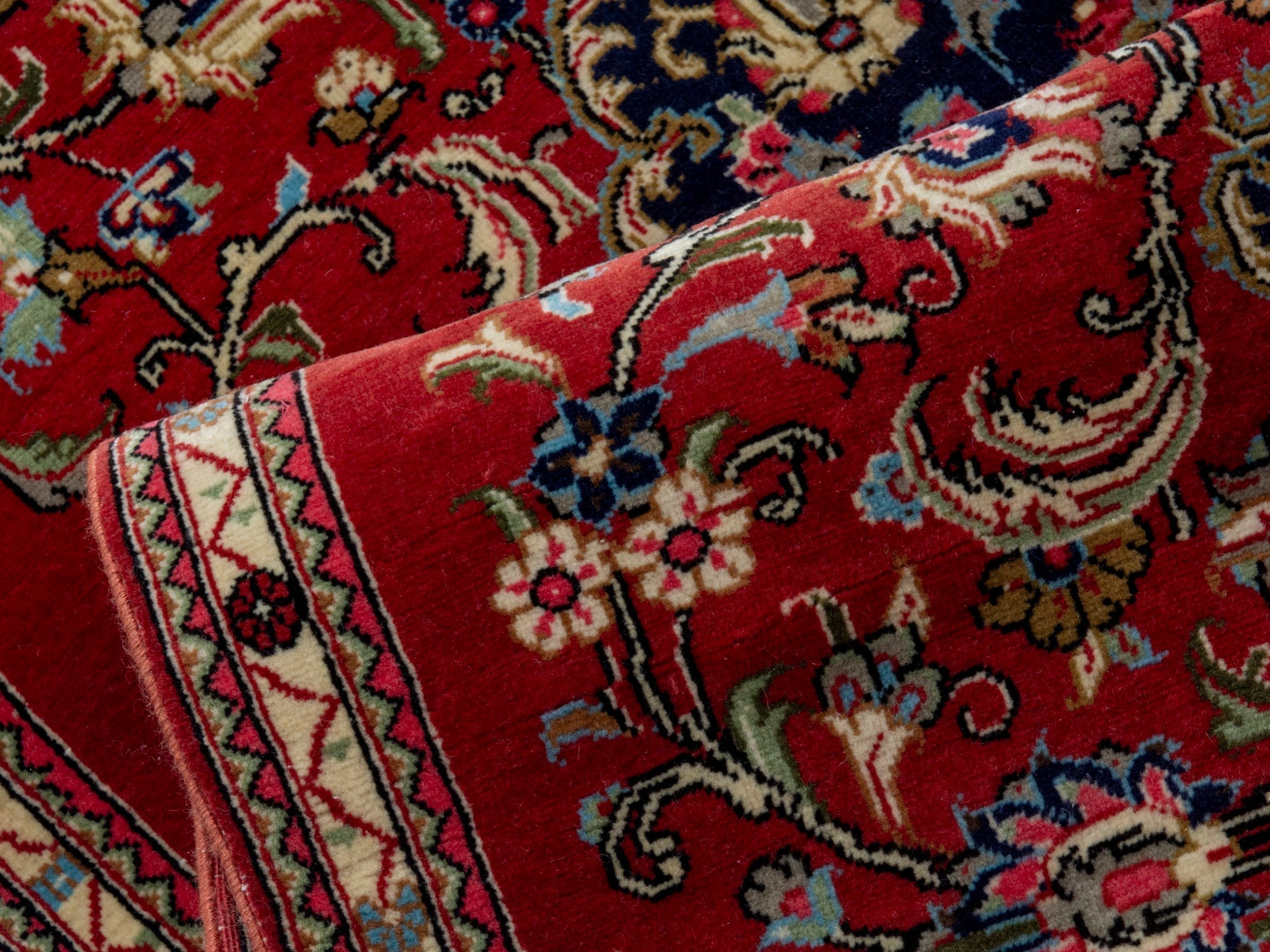 Persian Qom runner rug in deep red and navy, view 14 of 17