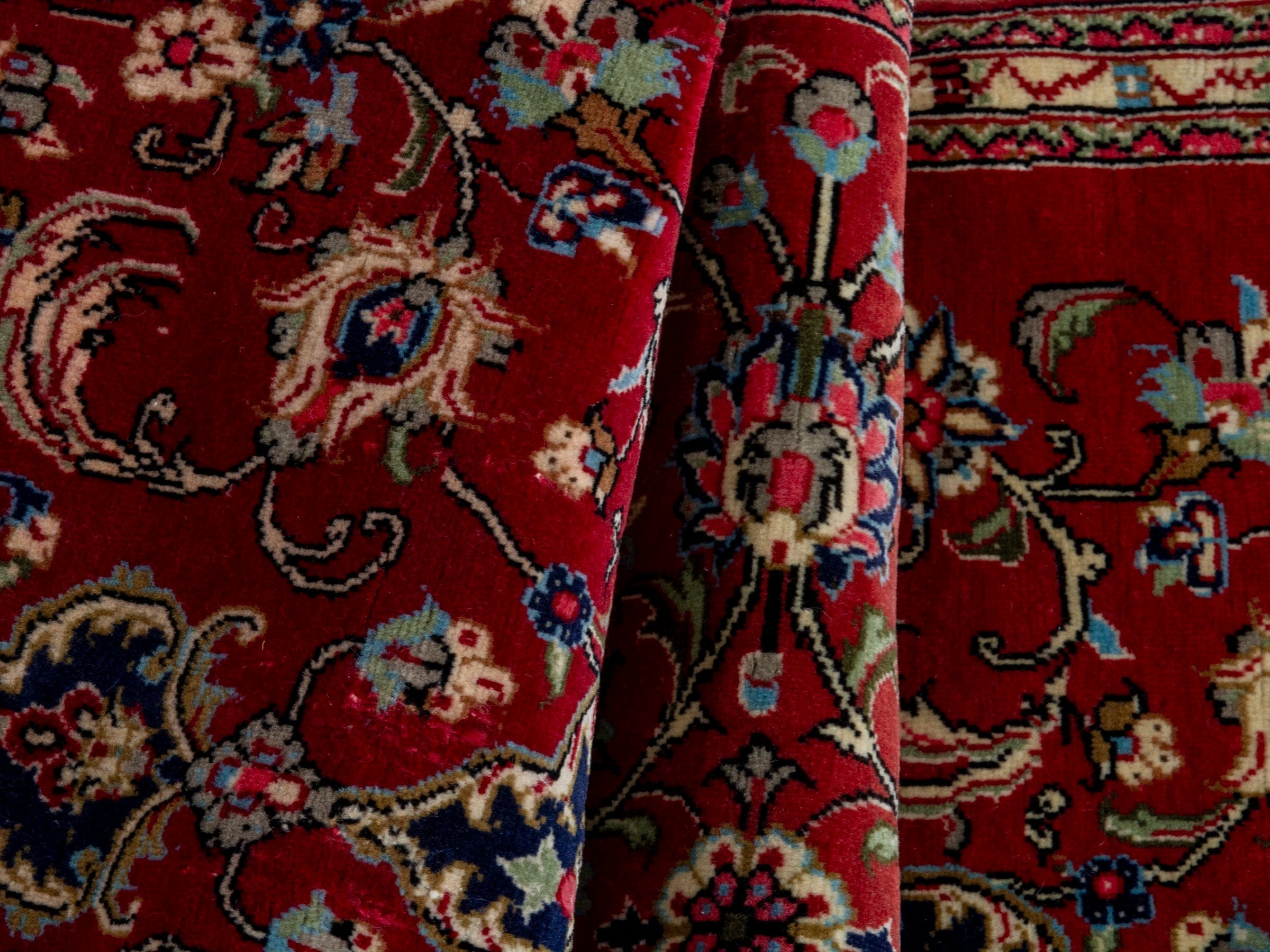 Persian Qom runner rug in deep red and navy, view 15 of 17