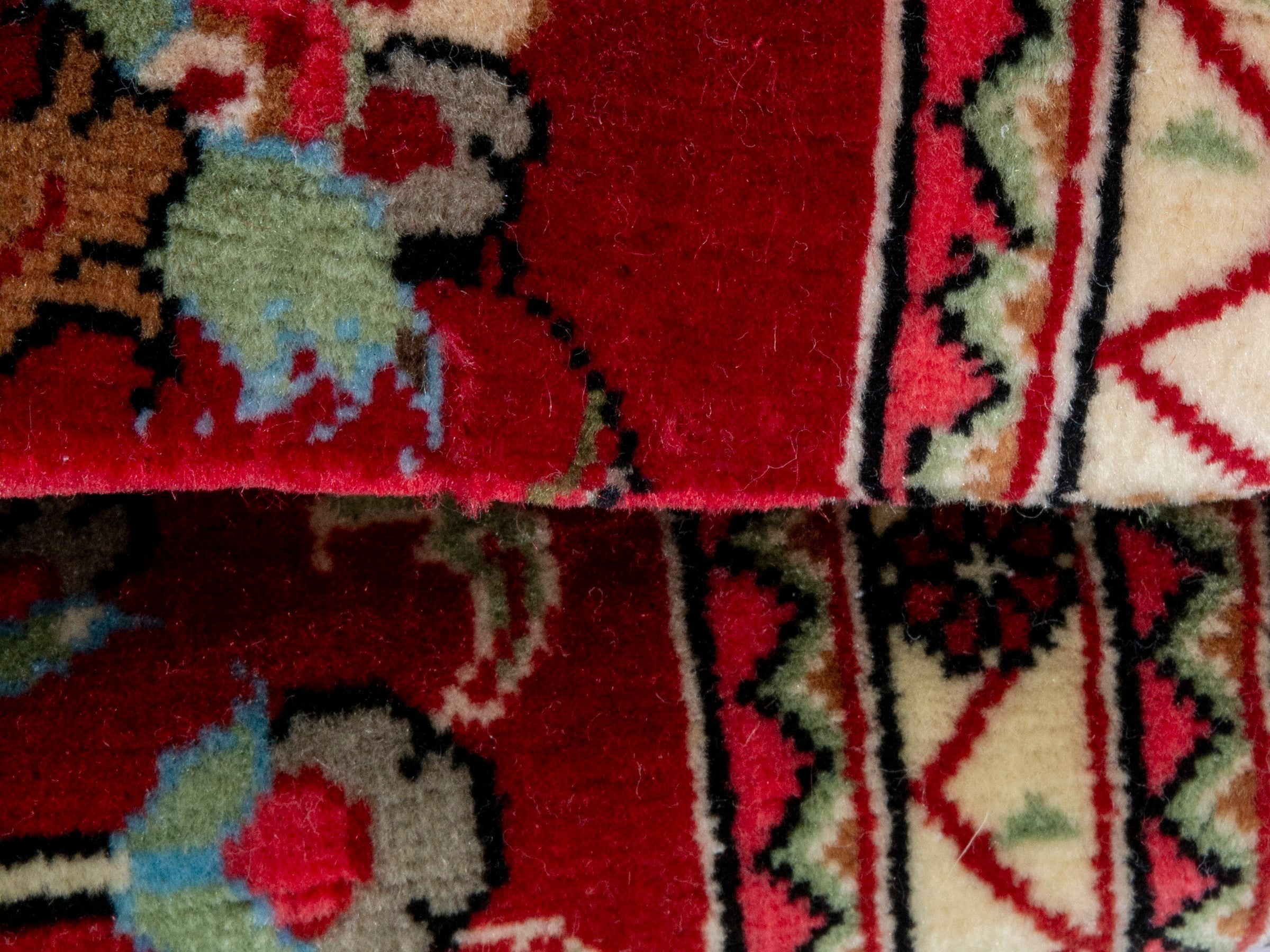 Persian Qom runner rug in deep red and navy, view 16 of 17