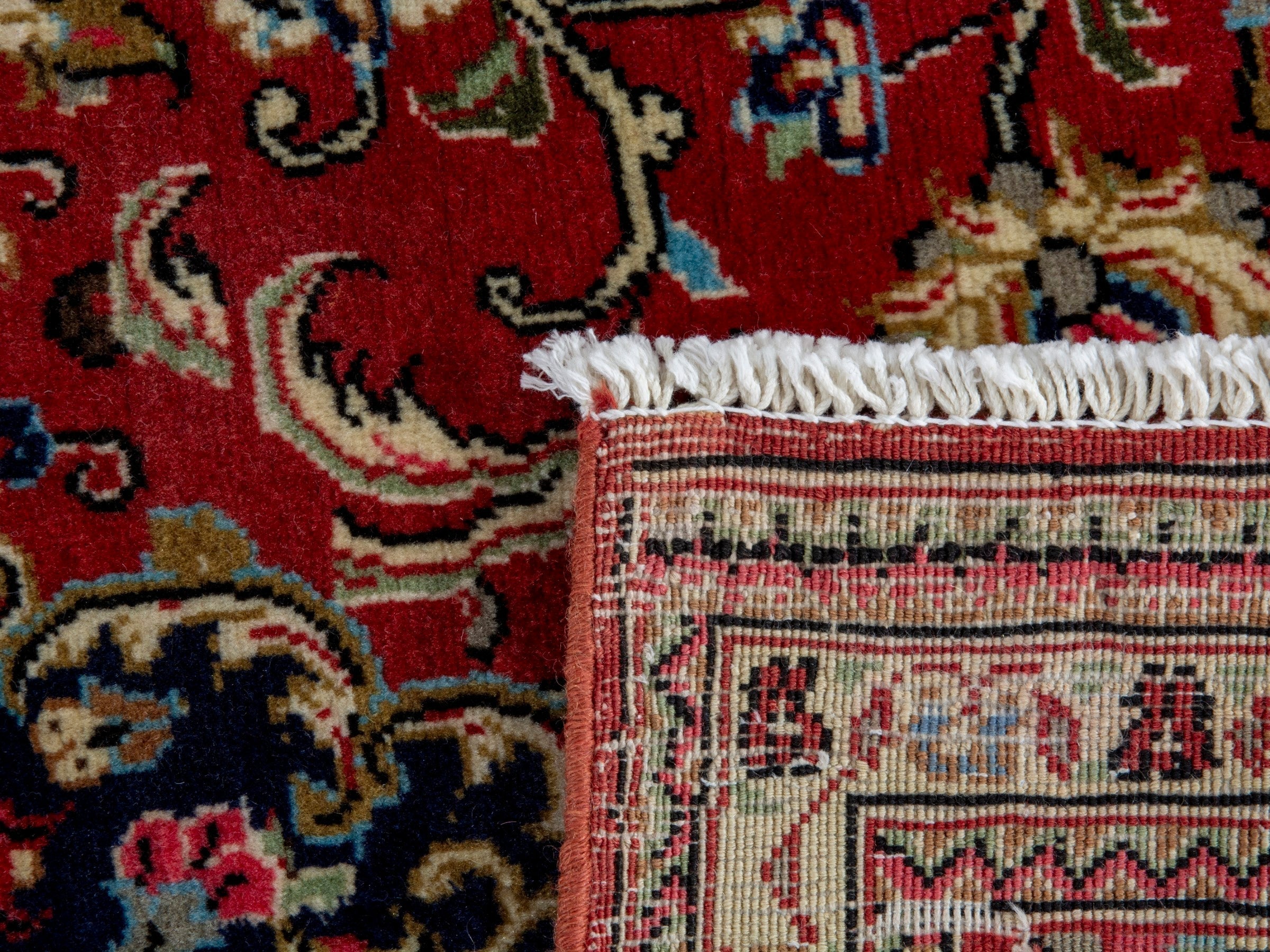 Persian Qom runner rug in deep red and navy, view 17 of 17