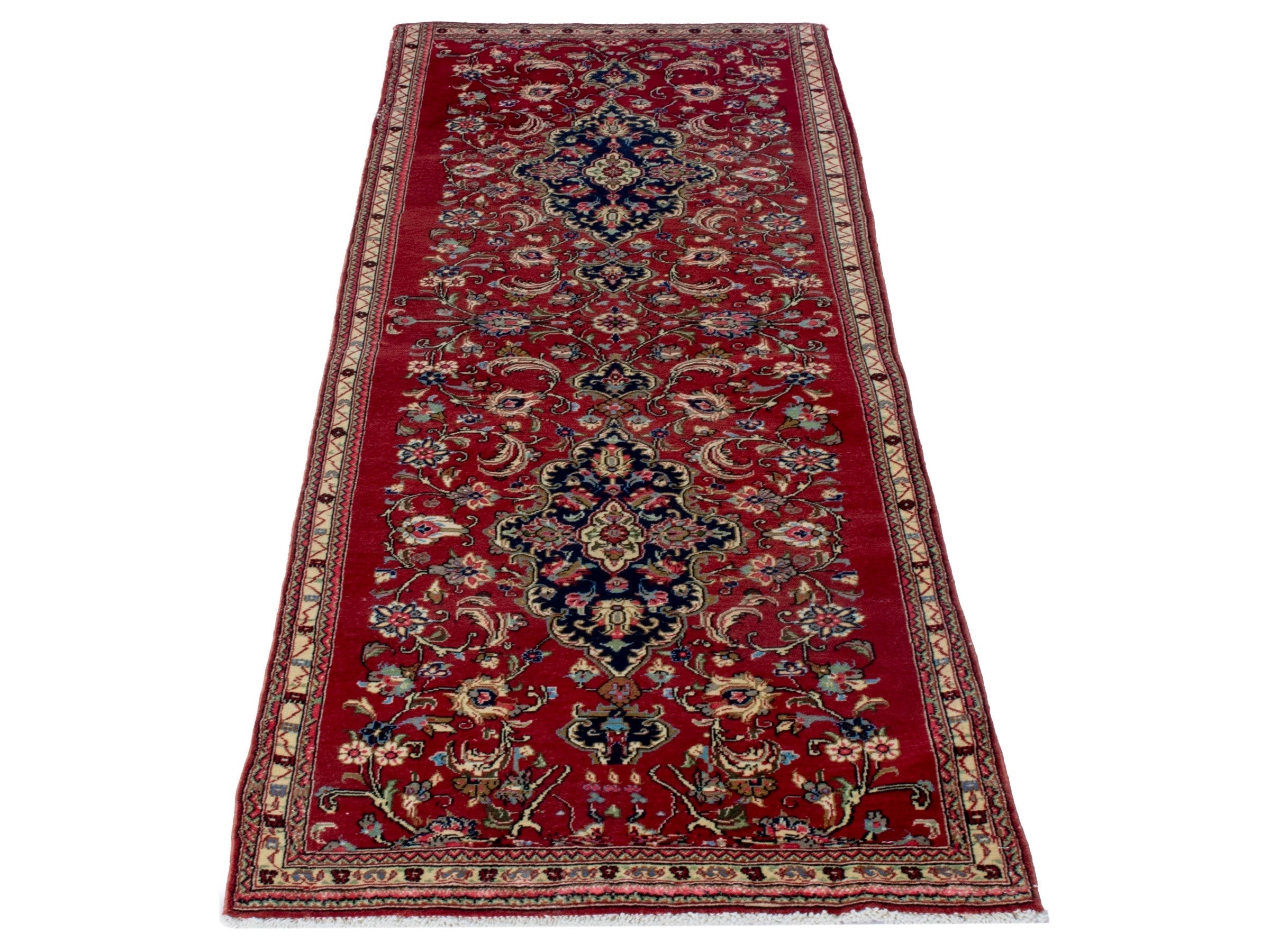 Persian Qom runner rug in deep red and navy, view 2 of 17