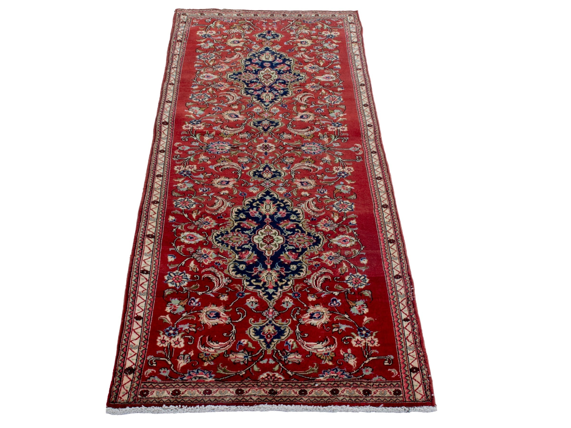Persian Qom runner rug in deep red and navy, view 3 of 17