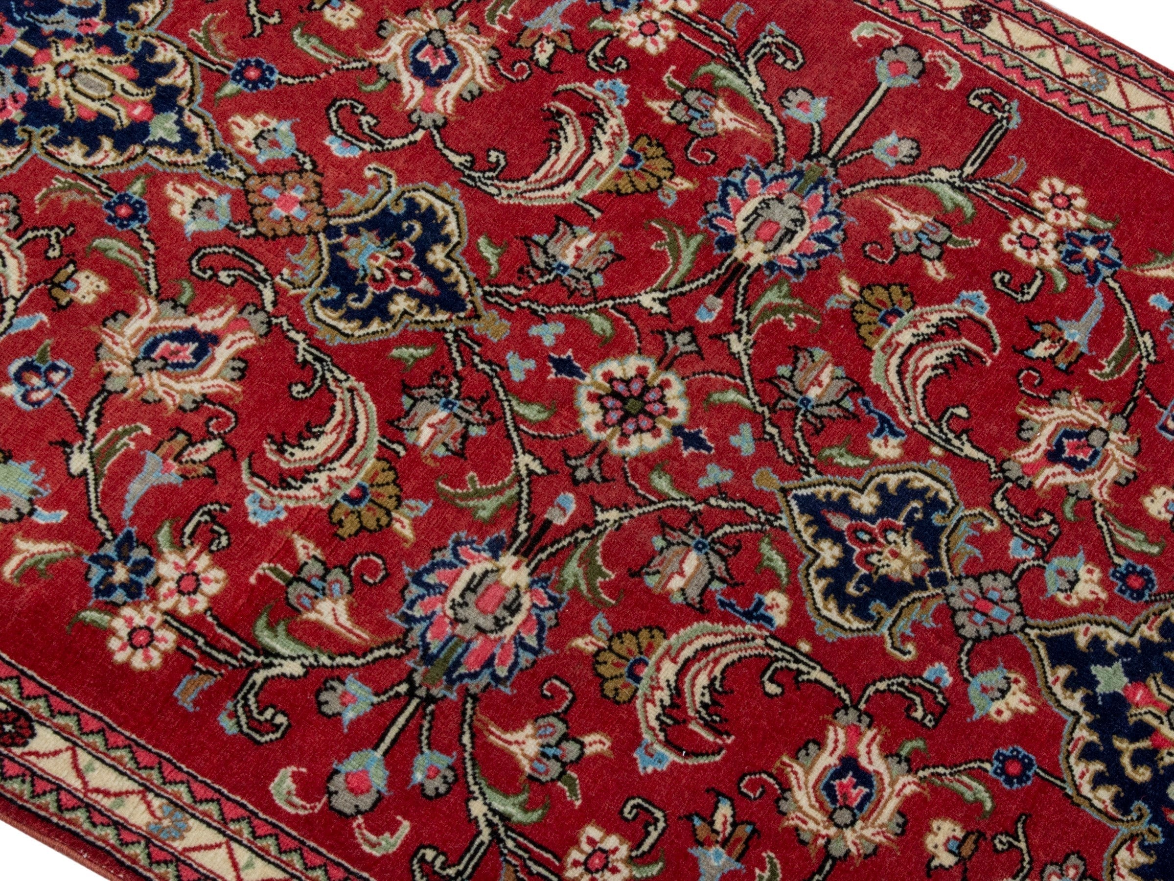 Persian Qom runner rug in deep red and navy, view 4 of 17