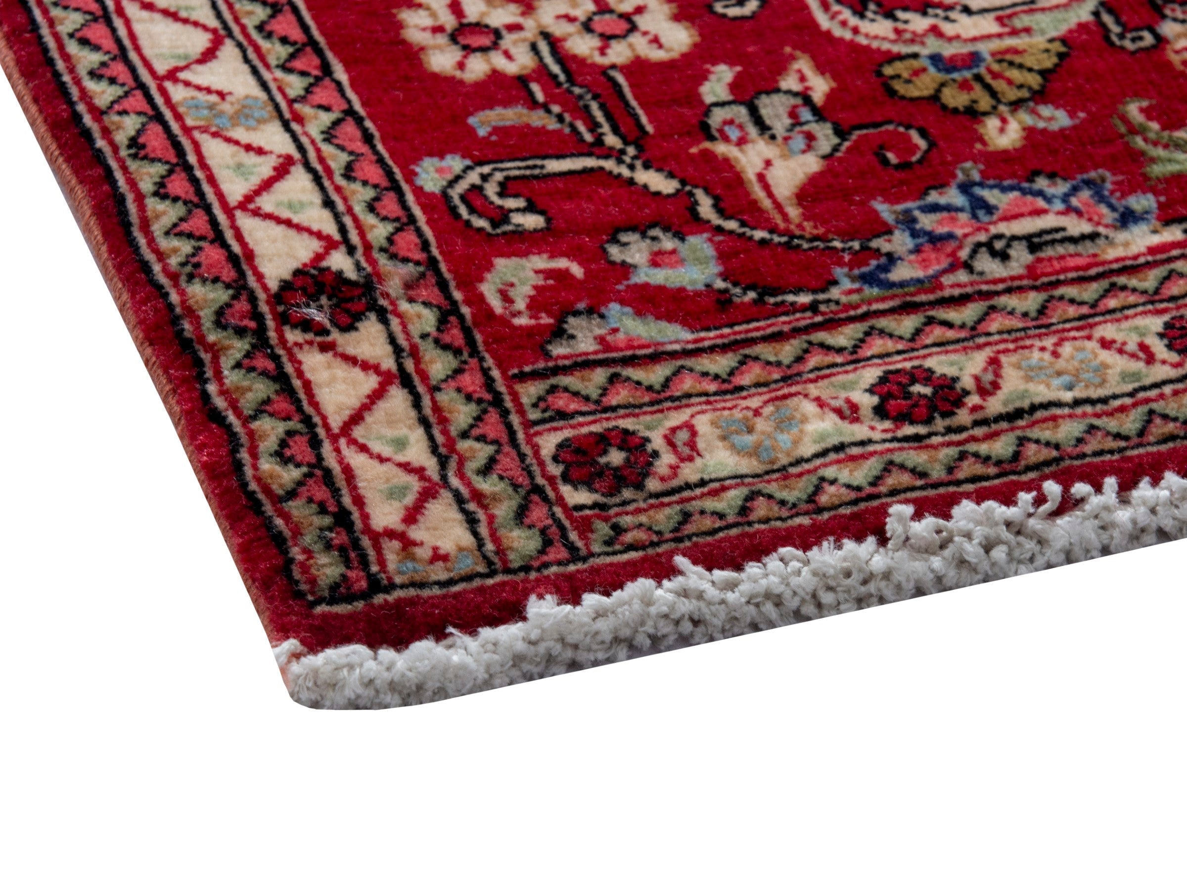 Persian Qom runner rug in deep red and navy, view 5 of 17