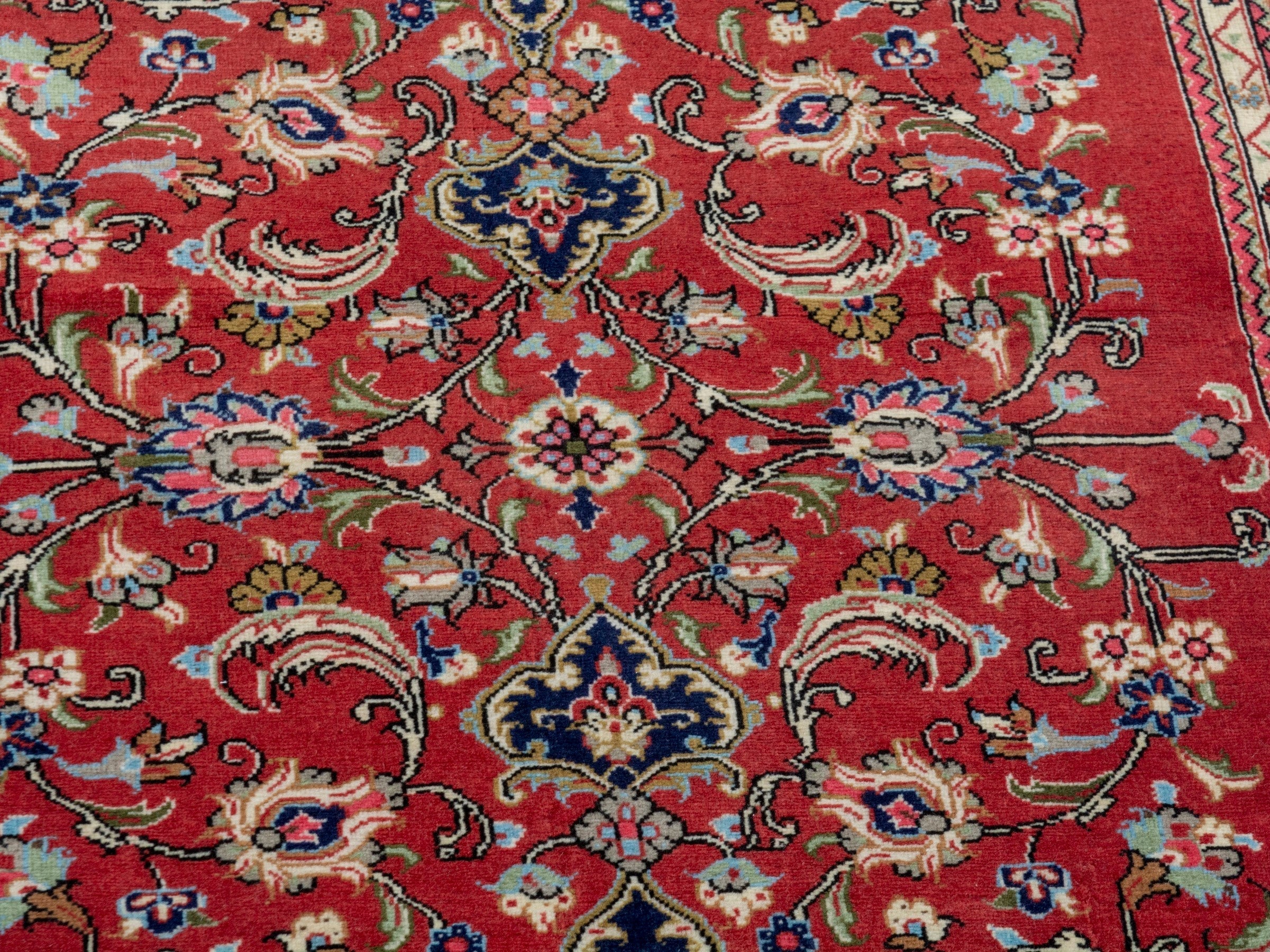 Persian Qom runner rug in deep red and navy, view 9 of 17