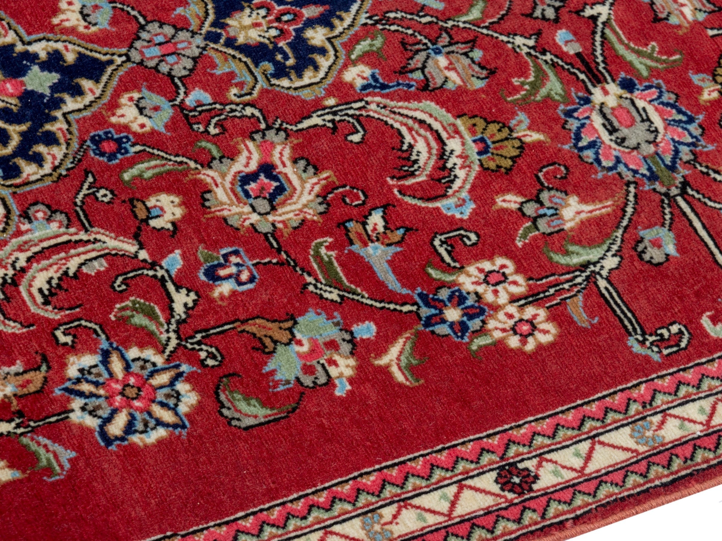 Persian Qom runner rug in deep red and navy, view 6 of 17